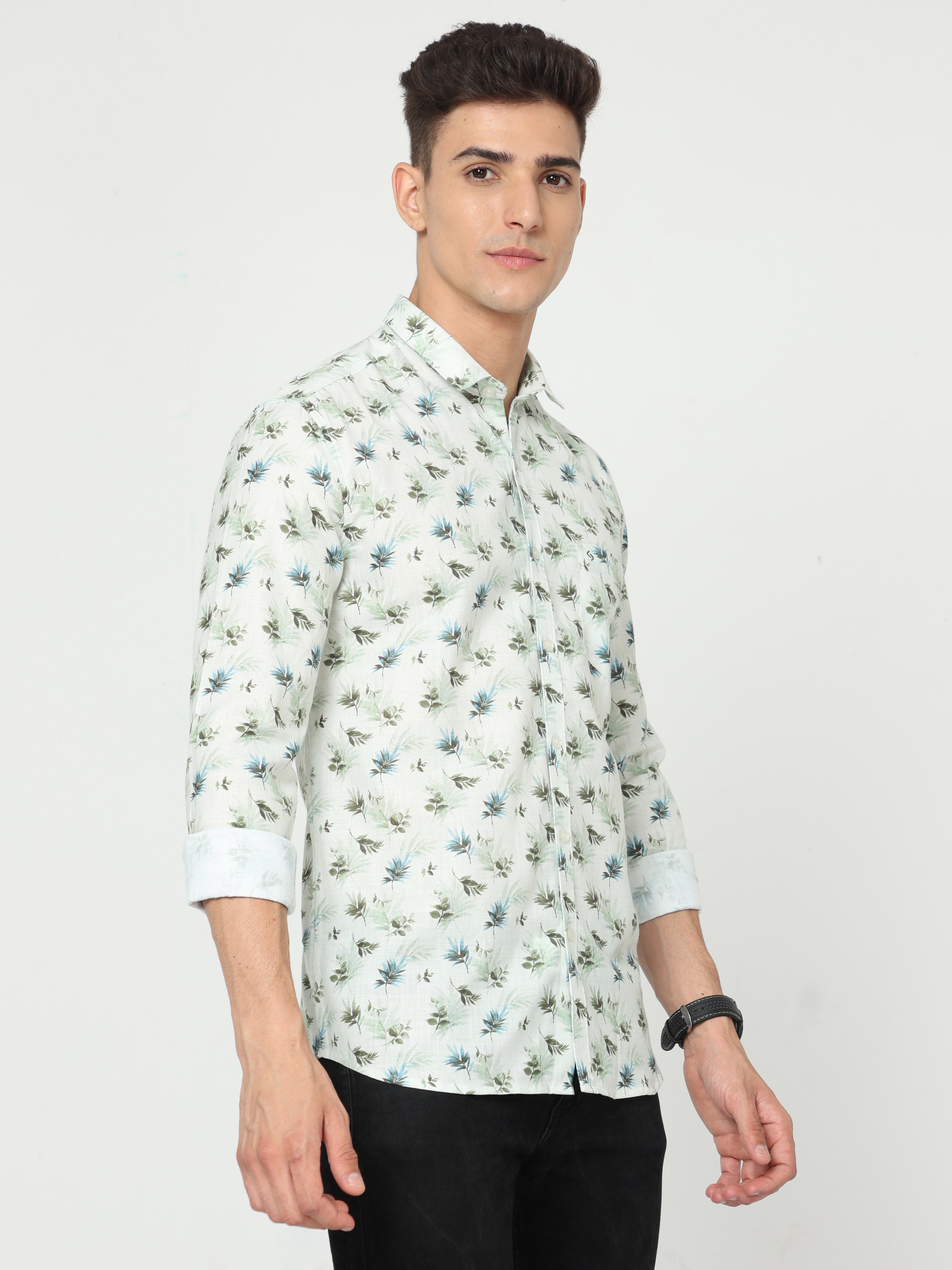 Classic Polo Men's Cotton Full Sleeve Printed Slim Fit Polo Neck Green Color Woven Shirt | So1-28 A