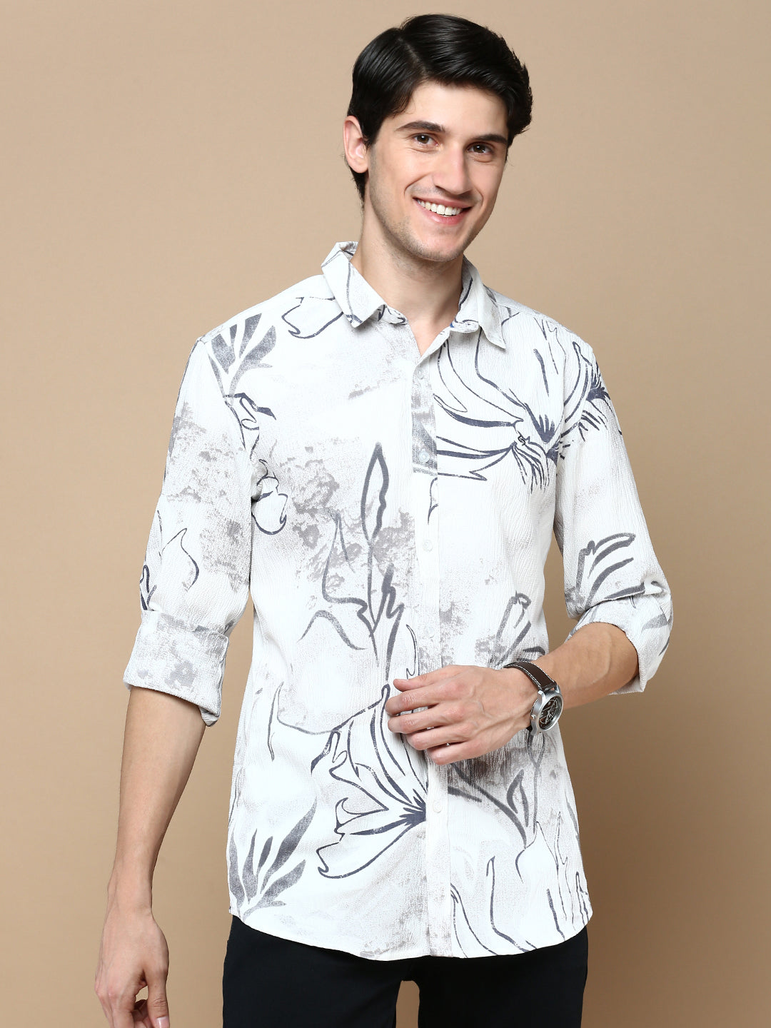 Classic Polo Men's Full Sleeve White/Black Polo Neck Slim Fit Printed Shirt | SP2-GN-07 A-FS-PRT-BSL
