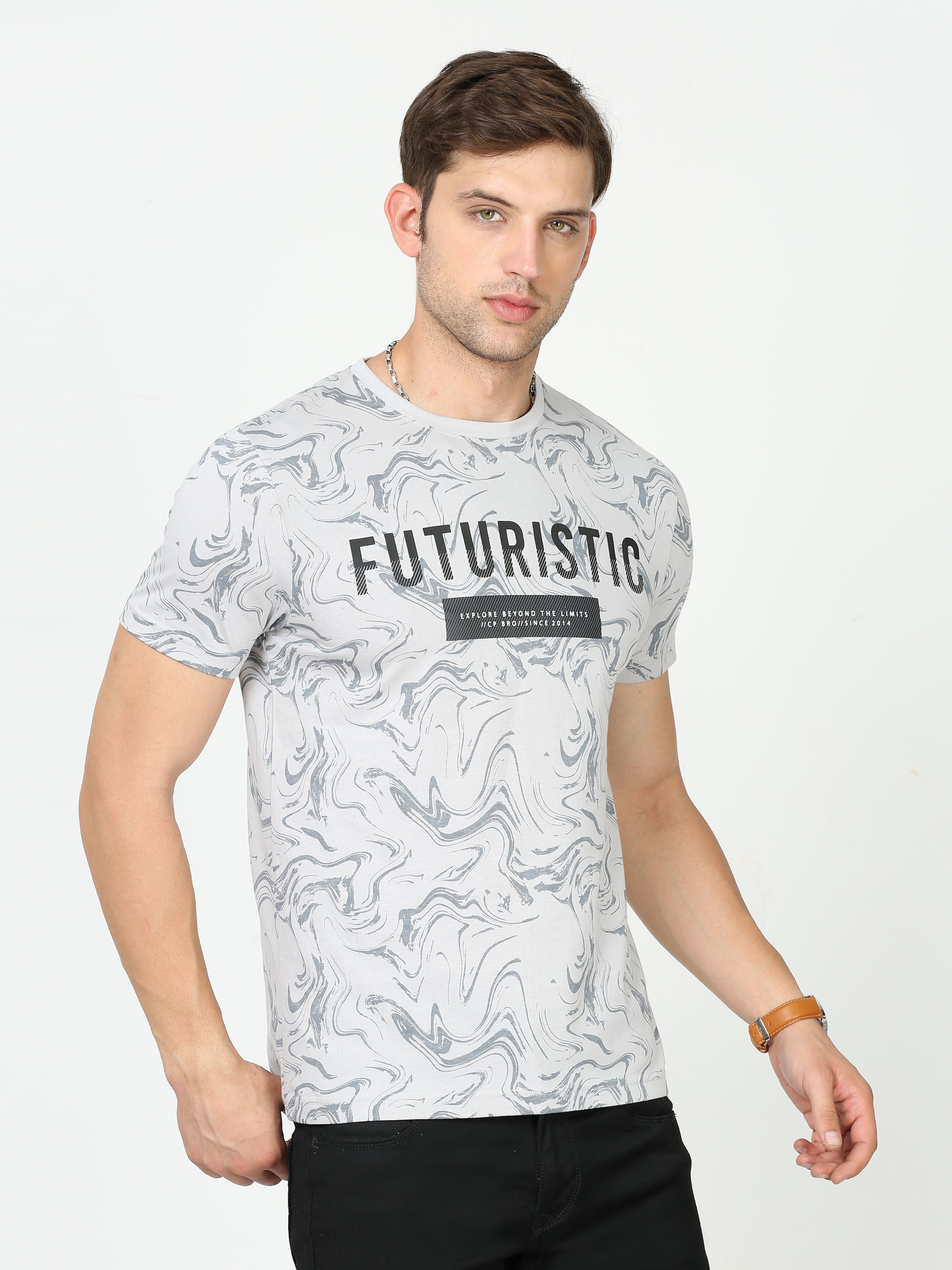 Classic Polo Mens Cotton Half Sleeves Floral Slim Fit Crew Neck Cream Color T-Shirt | Brcn - 557 B Sf C