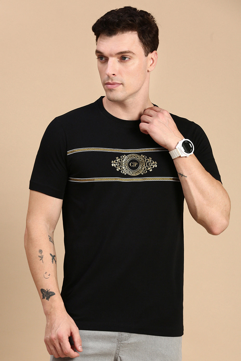 Classic Polo Men's Half Sleeve Black/Yellow Crew Neck Slim Fit Printed T-Shirt | ELITE-CREW-24 A SF C