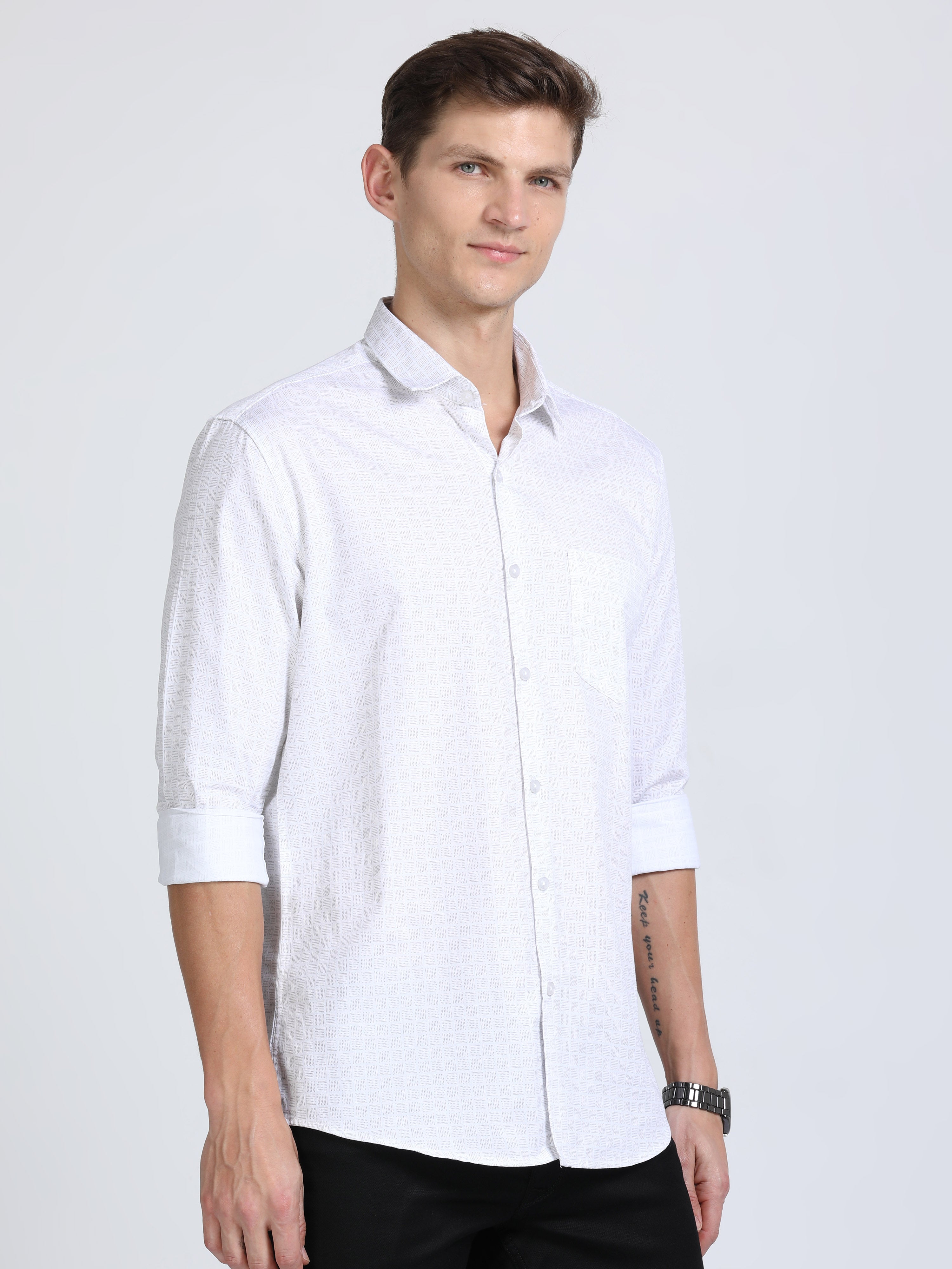 Classic Polo Mens Pure Cotton Full Sleeves Printed Slim Fit Polo Neck White Color Woven Shirt | So2-161 A-Fs-Prt-Sf