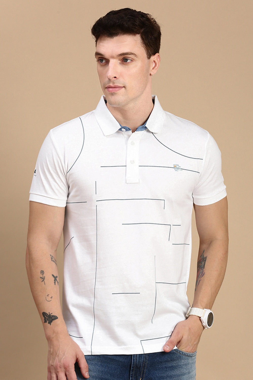 Classic Polo Men's Half Sleeve White Polo Neck Slim Fit Printed T-Shirt | FP - 04 A SF P