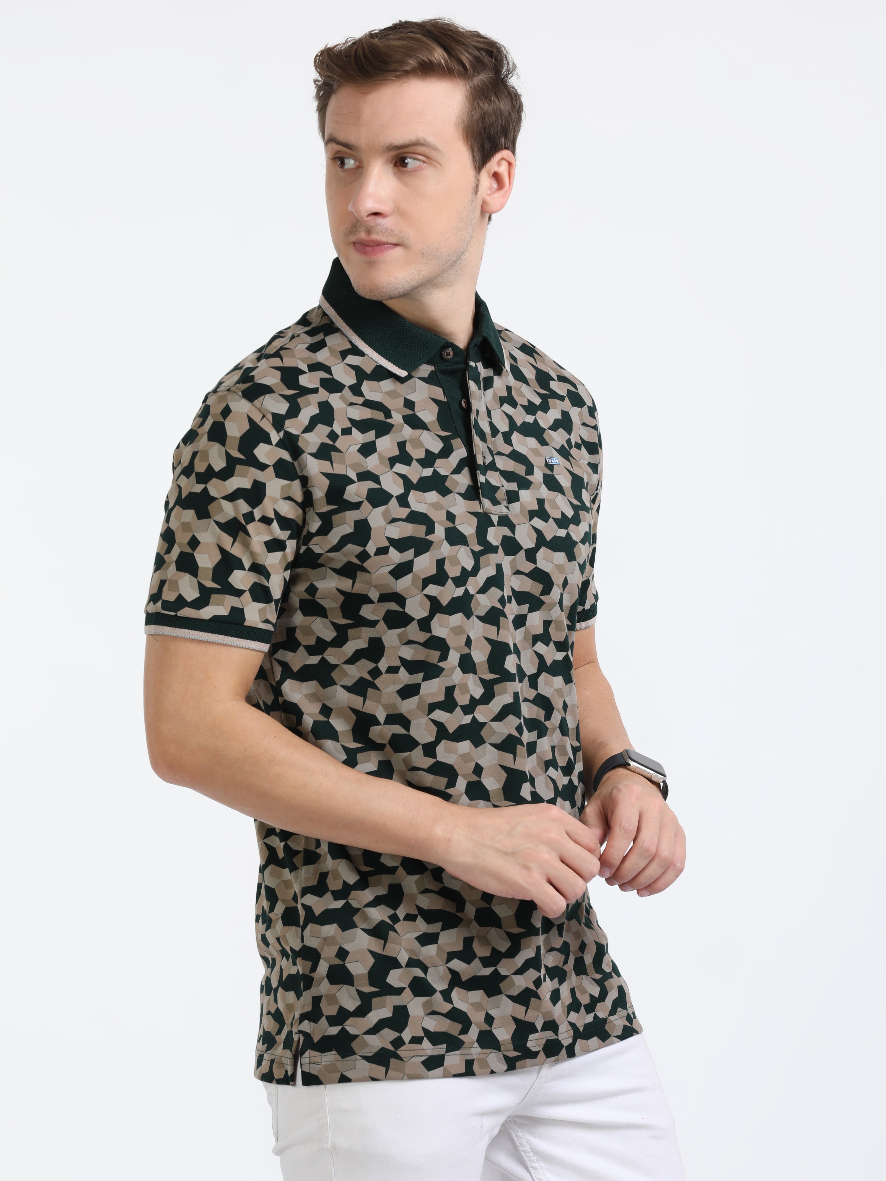 Classic Polo Mens Cotton Half Sleeves Floral Slim Fit Polo Neck Dark Green Color T-Shirt | Prm - 790 B Sf P