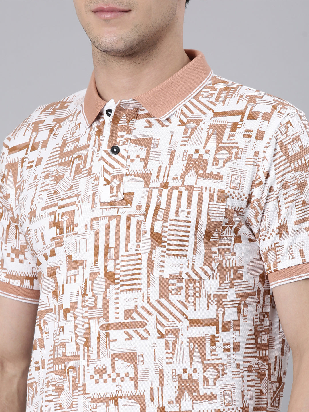 Classic Polo Men's Half Sleeve White/Lt.Brown Polo Neck Cotton Blend Slim Fit T-Shirt | BEAU - 267 B SF P