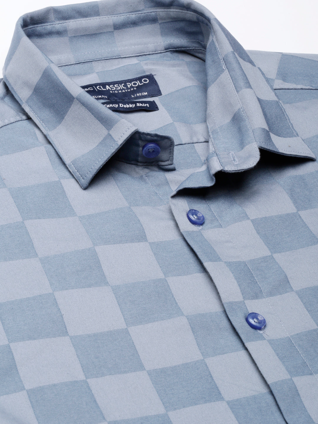 Classic Polo Mens Checks Blue/Grey Polo Neck Woven Slim Fit Shirt | SO2-110 A-FS-CHK-SF