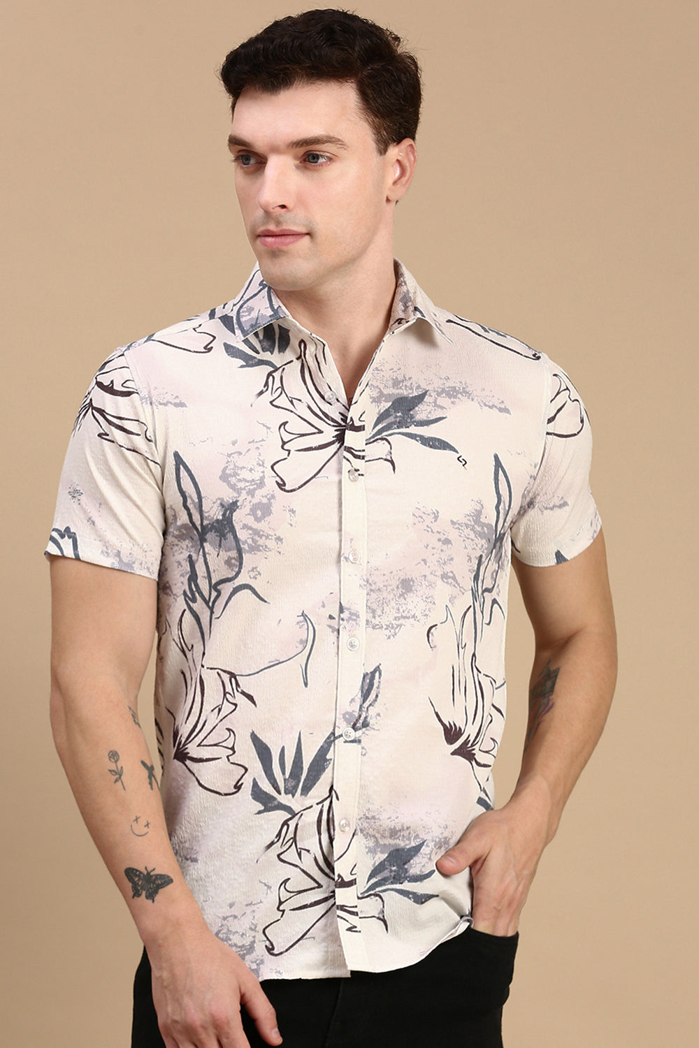 Classic Polo Men's Half Sleeve Beige/Blue Polo Neck Slim Fit All Over Print Shirt | SP2-GN-07 B-HS-PRT-BSL