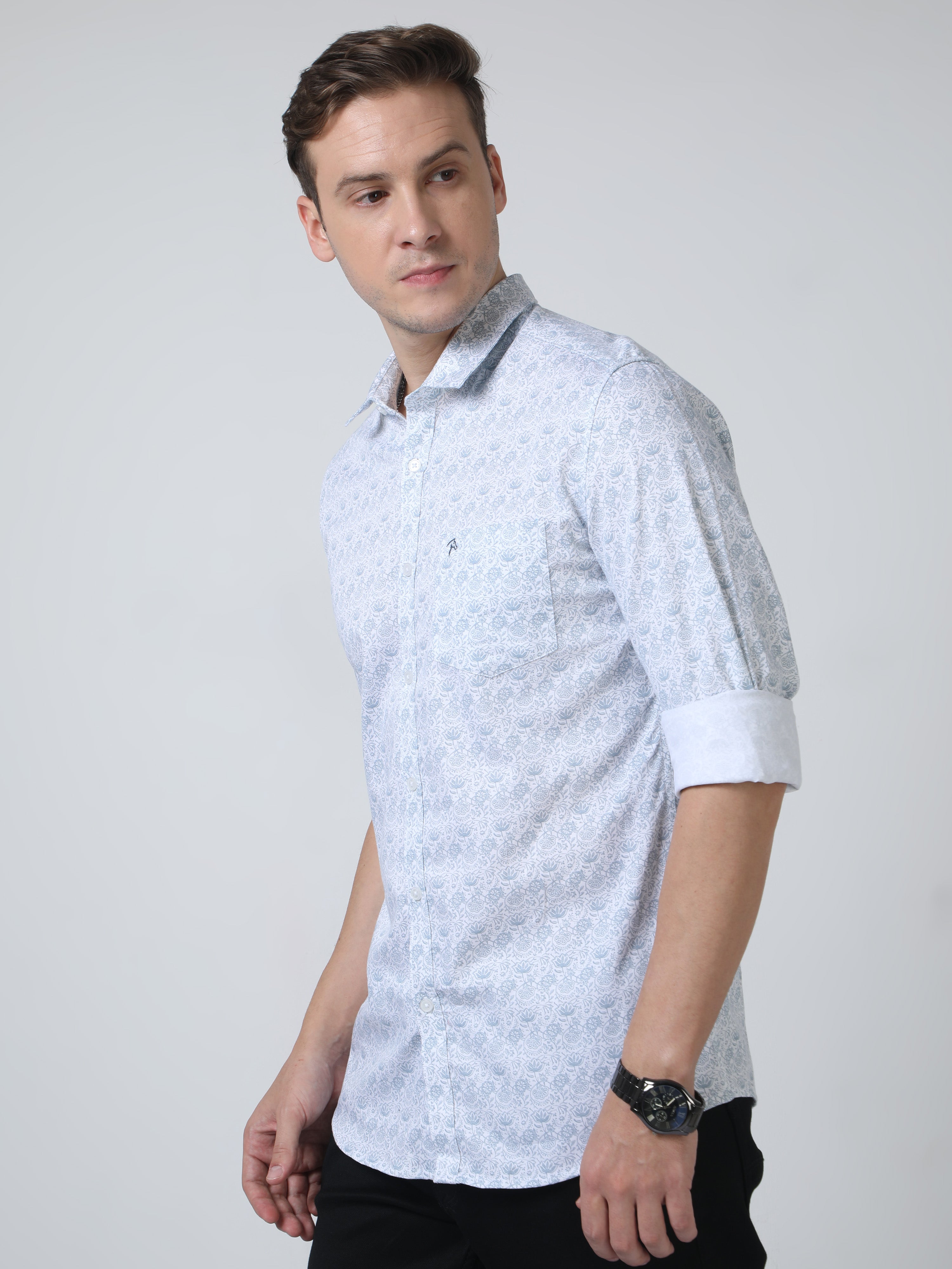 CP BRO Mens Pure Cotton Full Sleeves Printed Slim Fit Polo Neck Aqua Blue Color Woven Shirt | Sbo2-21 A-Fs-Prt-Bsl