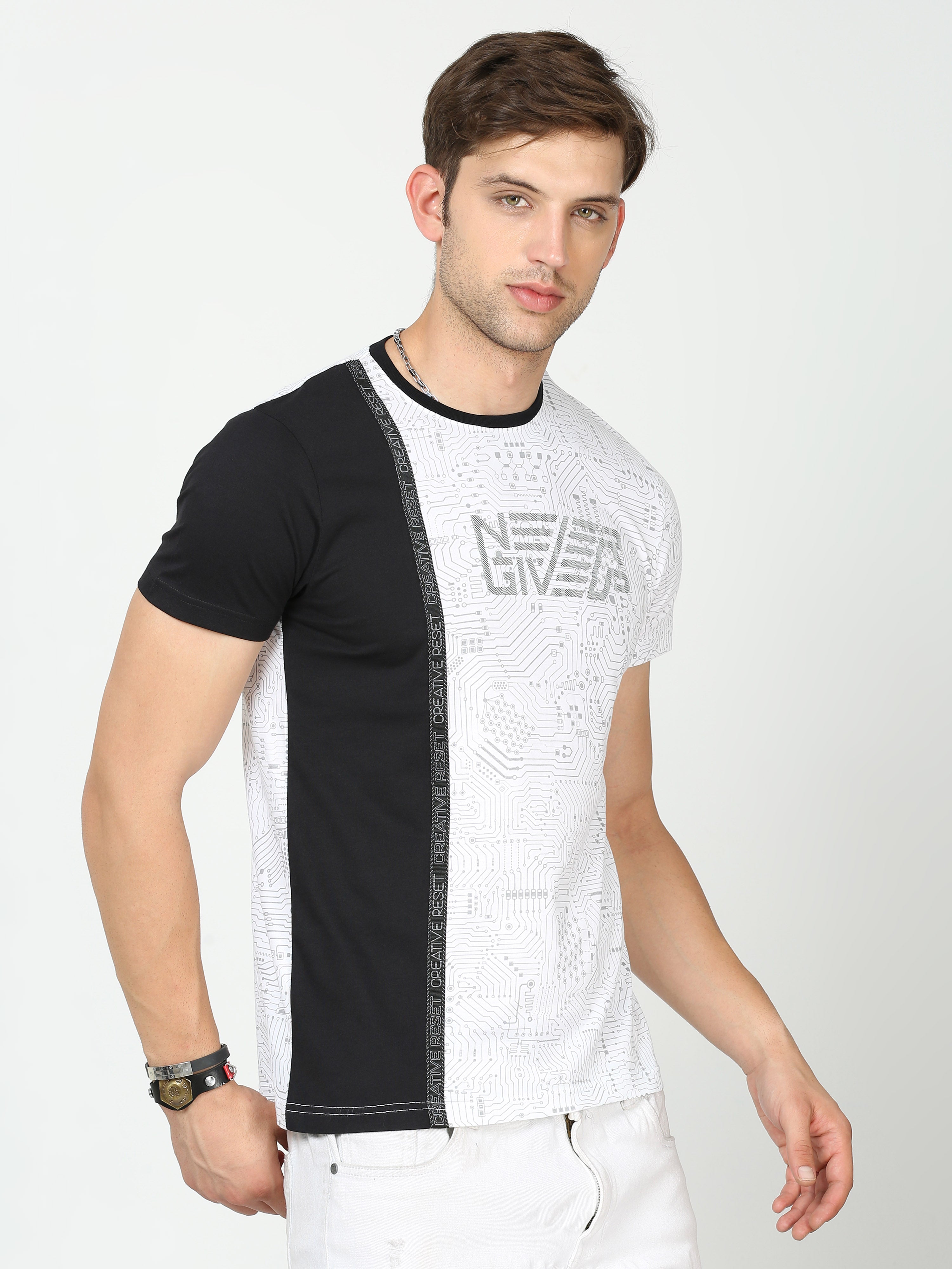 Classic Polo Mens Cotton Half Sleeves Colour Blocked Slim Fit Crew Neck White Color T-Shirt | Brcn - 553 A Sf C