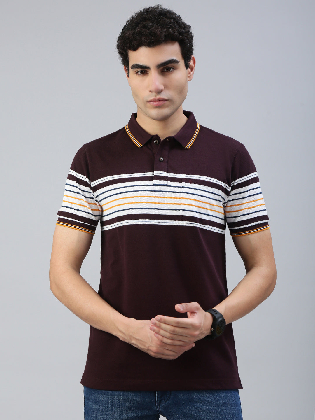 Classic Polo Men's Half Sleeve Burgundy/White Polo Neck Slim Fit Striped T-Shirt||VTA - 302 A SF P