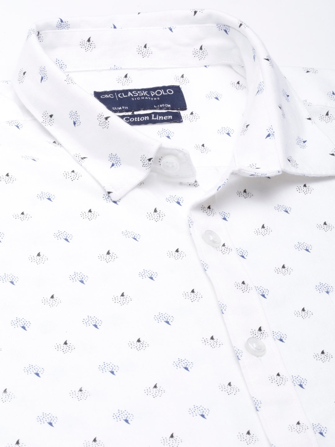 Classic Polo Mens Aop White Polo Neck Woven Slim Fit Shirt | LINEN - 40 A-FS-PRT-SF