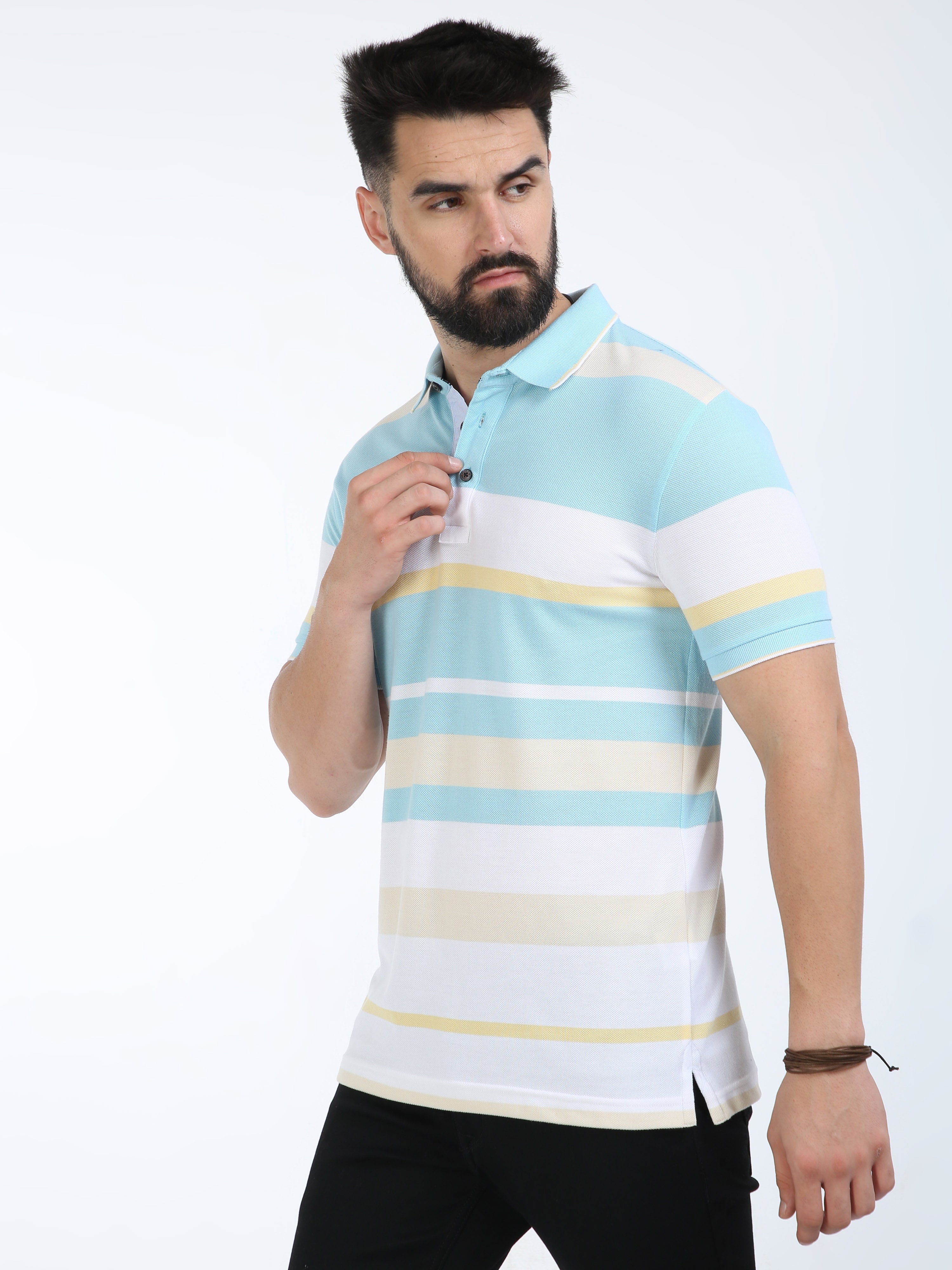 Classic Polo Mens Cotton Half Sleeves Striped Slim Fit Polo Neck White Color T-Shirt | Vta - 242 A Sf P