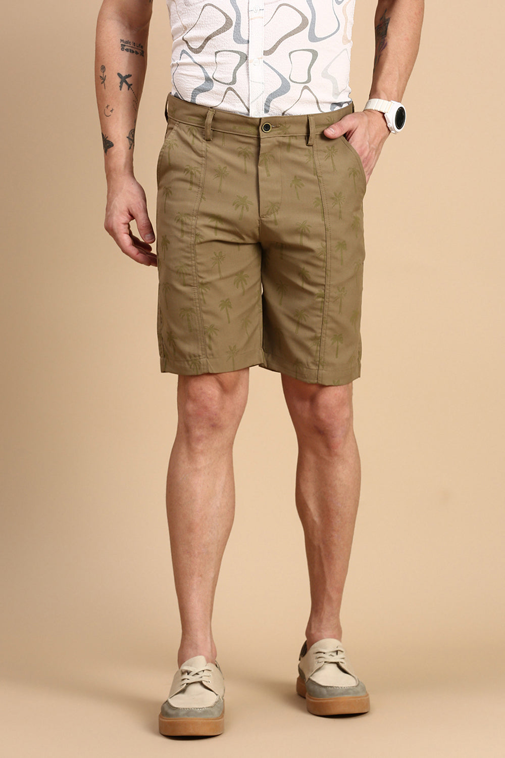 Classic Polo Men's Khaki/Green Slim Fit All Over Print Woven Shorts | CPSHT-CL-05 C-PRT-CRF