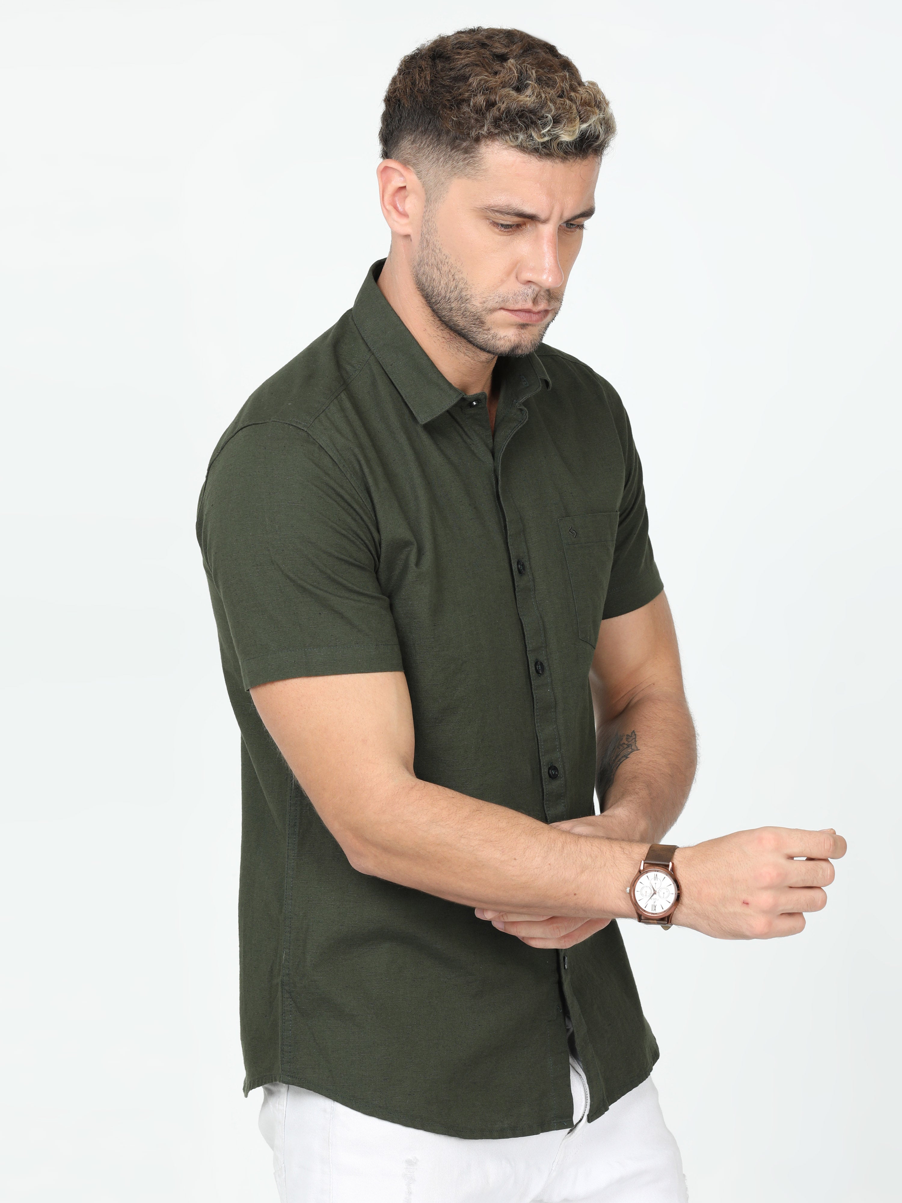 Classic Polo Mens Linen Cotton Half Sleeve Slim Fit Polo Neck Olive Color Woven Shirt | Linen - 26 D-HS-SLD-SF