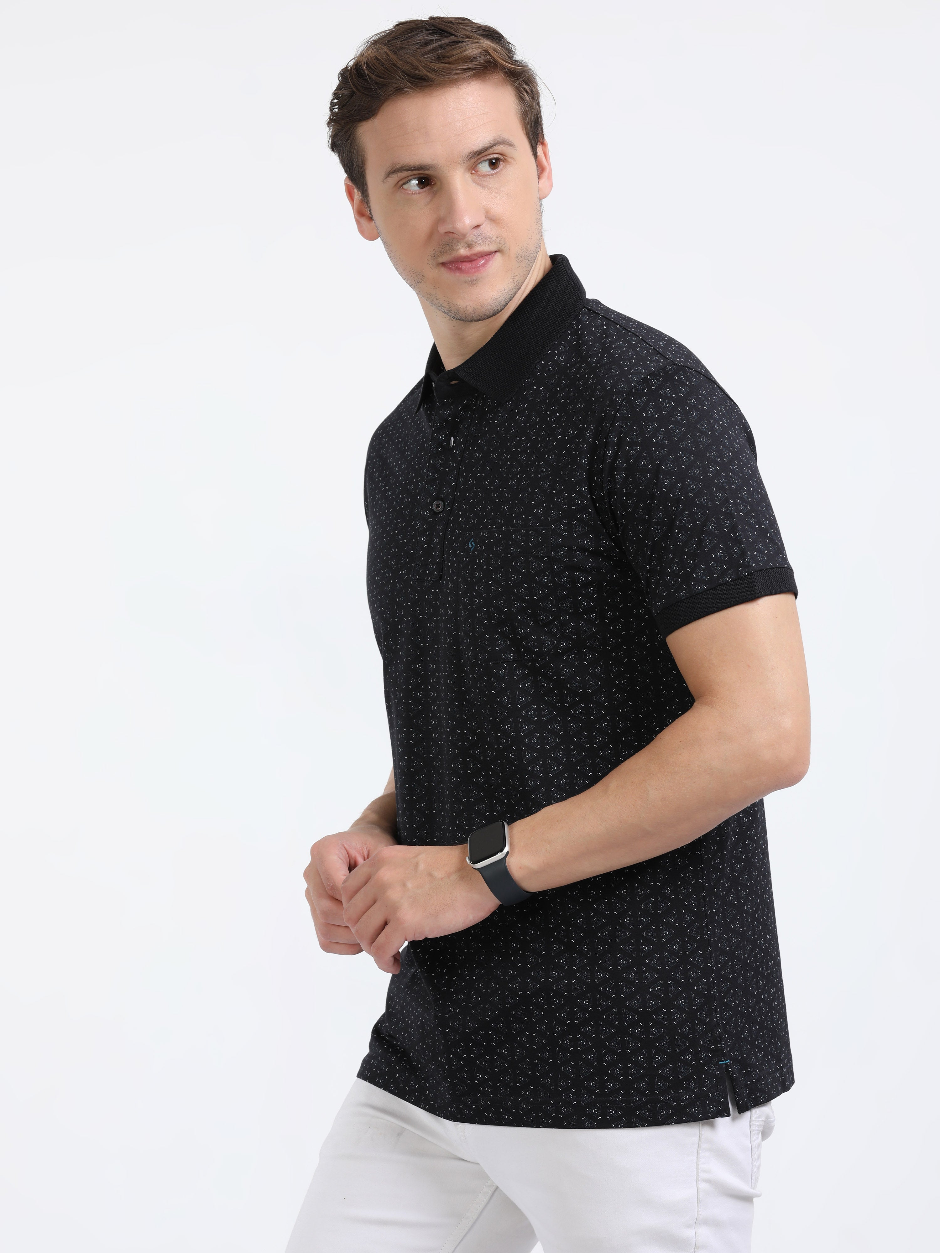 Classic Polo Mens Cotton Half Sleeves Printed Slim Fit Polo Neck Black Color T-Shirt | Scant - 35 B Sf P