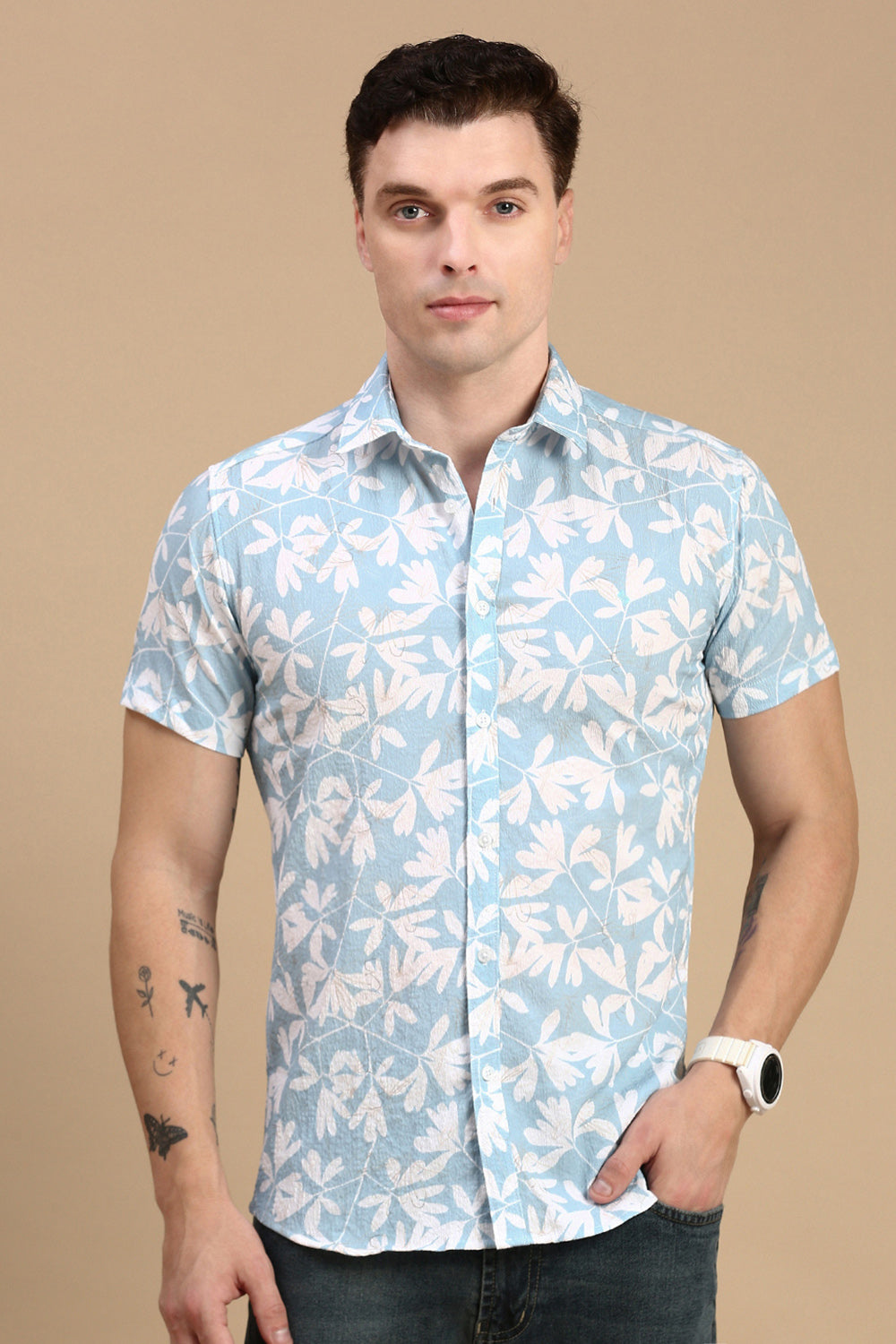 Classic Polo Men's Half Sleeve Blue/White Polo Neck Slim Fit All Over Print Shirt | SP2-GN-05 A-HS-PRT-BSL