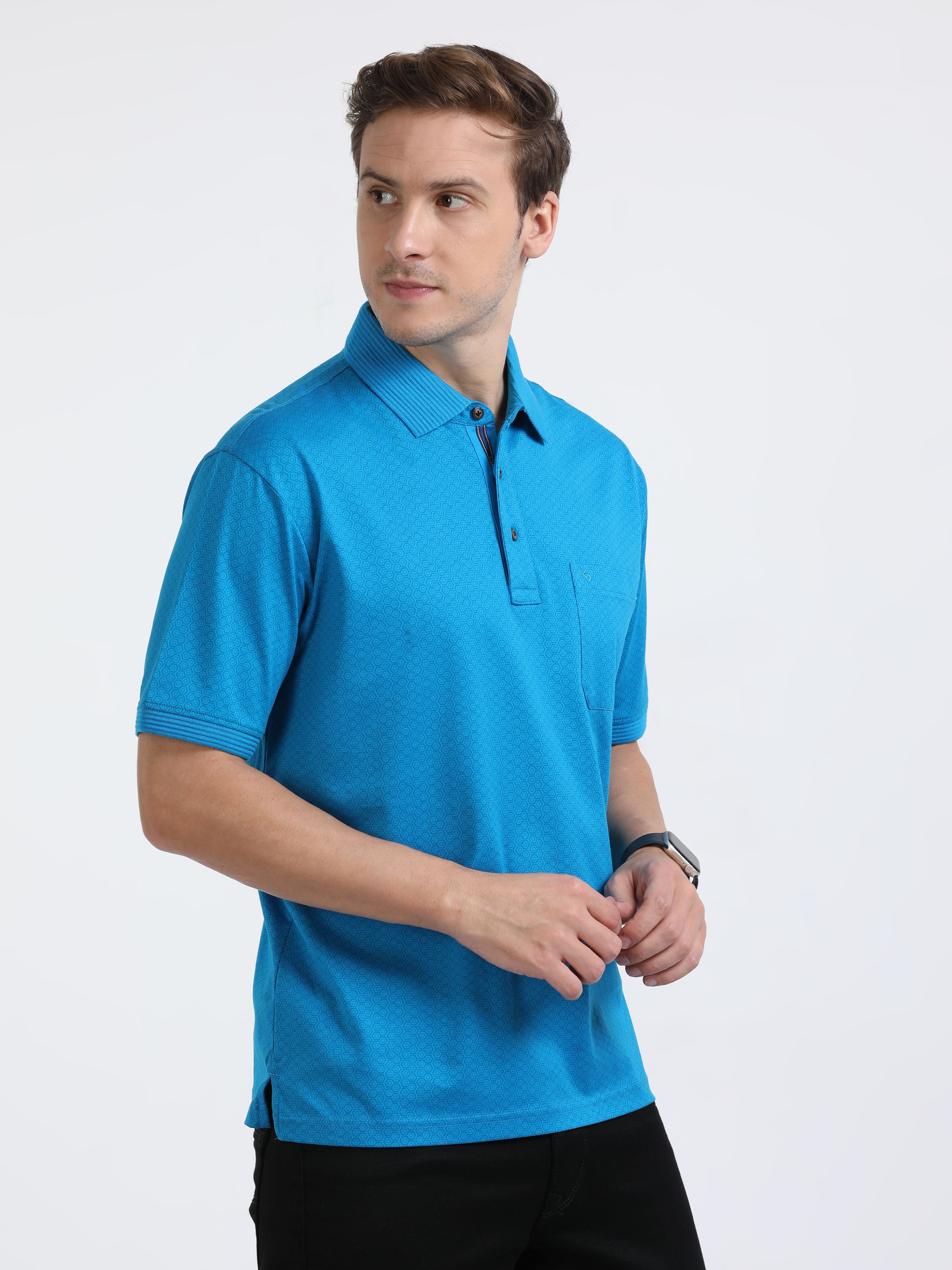 Classic Polo Mens Cotton Half Sleeves Floral Authentic Fit Crew Neck Turqoise Color T-Shirt | Swank - 08 A Af C