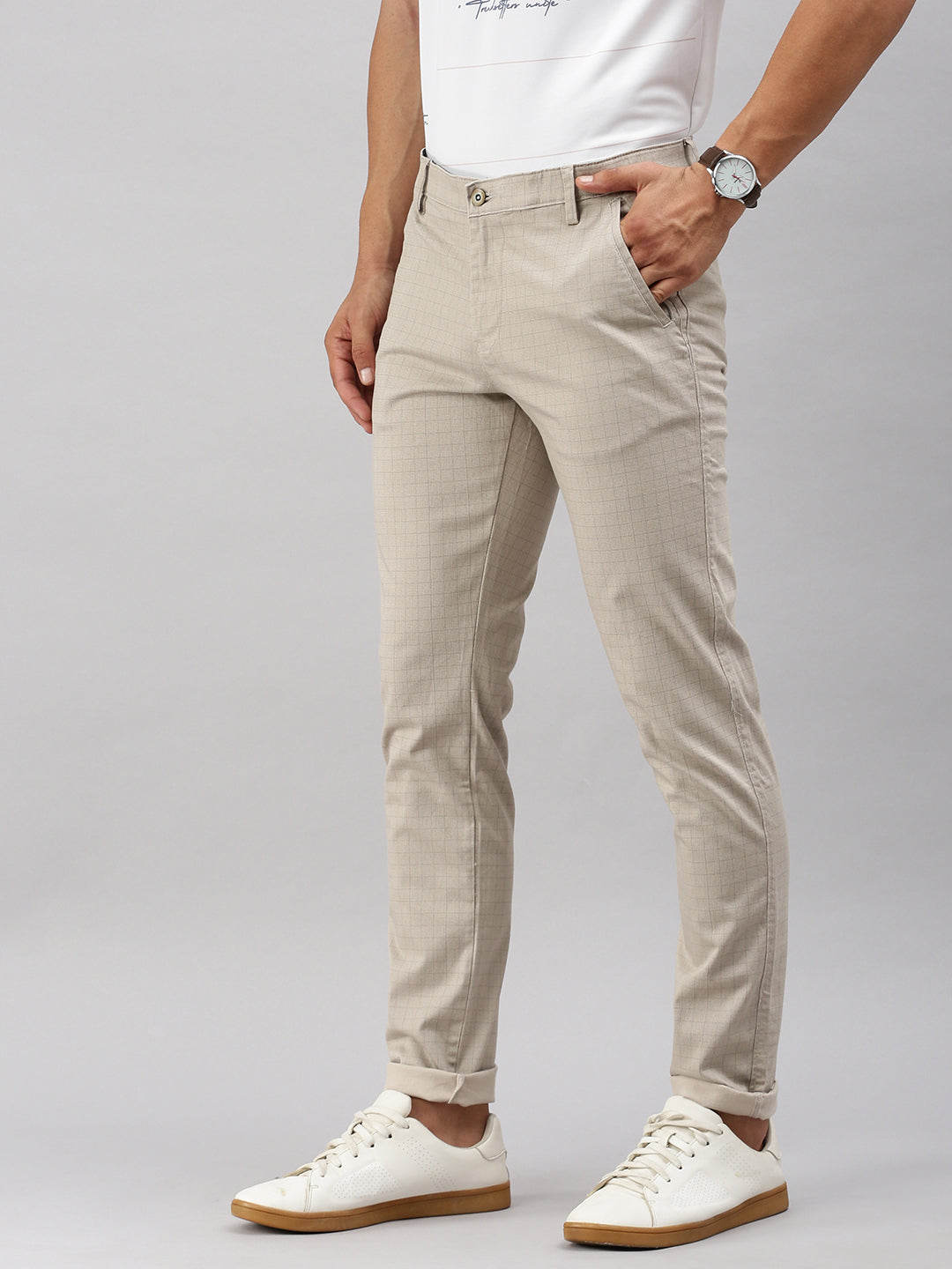 Classic Polo Men's Beige Moderate Fit Checked Casual Trouser | TP2-CL 05 A-BEG-MF-LY