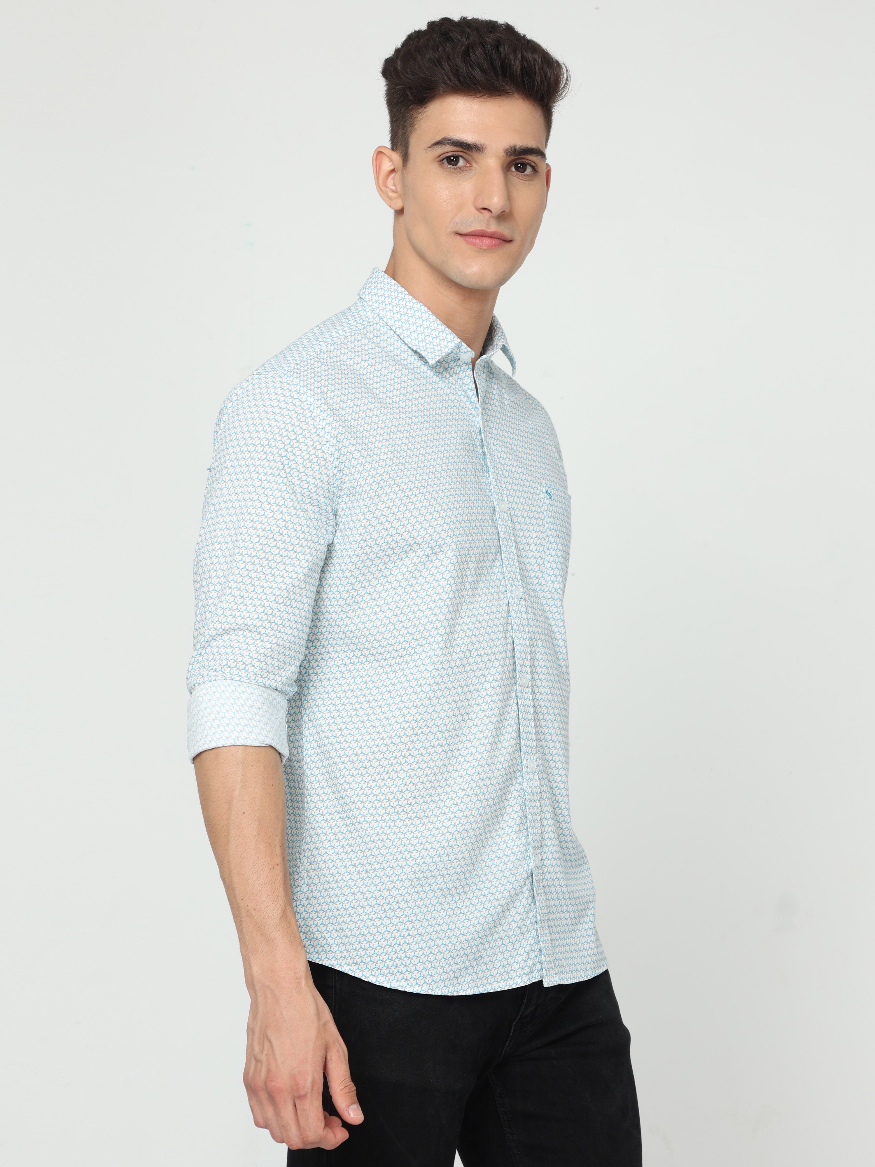 Classic Polo Men's Cotton Full Sleeve Printed Slim Fit Polo Neck Light Blue Color Woven Shirt | So1-147 B