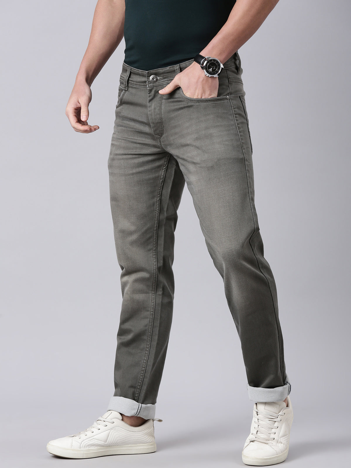 Classic Polo Men's Olive Green Slim Fit Solid Cotton Denim | CPDQ2-46-OLIVE-SF