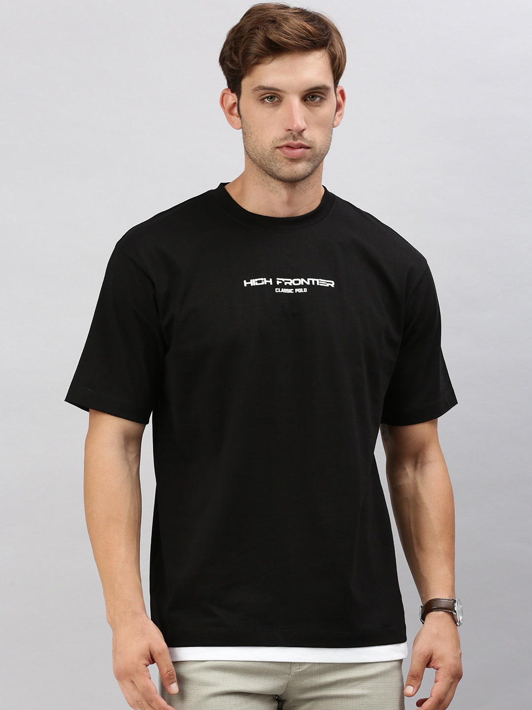 Classic Polo Men's Half Sleeve Black Crew Neck Slim Fit Printed Oversized T-Shirt | GENX-CREW 53 B SF C