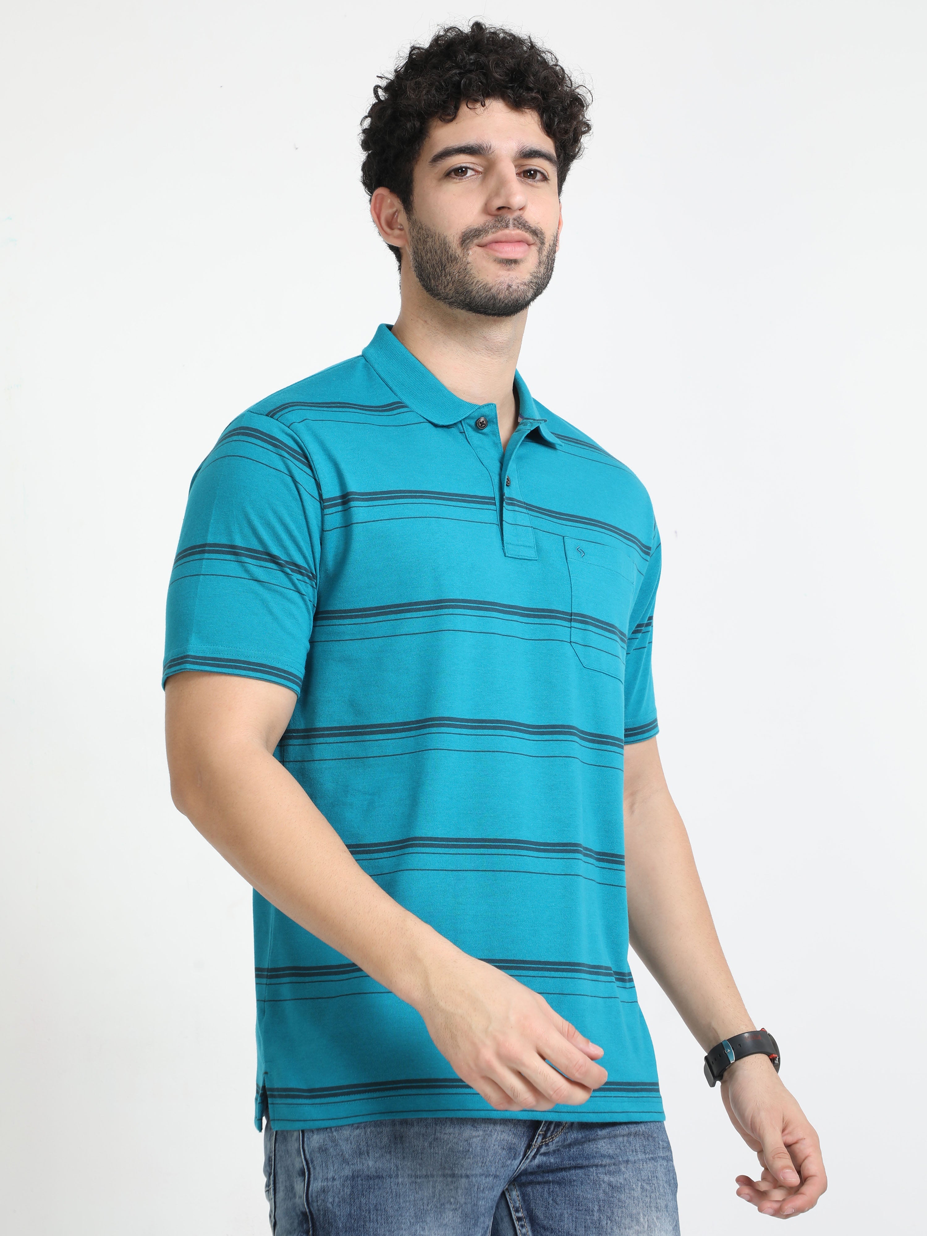 Classic Polo Mens Cotton Half Sleeves Striped Authentic Fit Polo Neck Blue Color T-Shirt | Avon - 539 A Af P