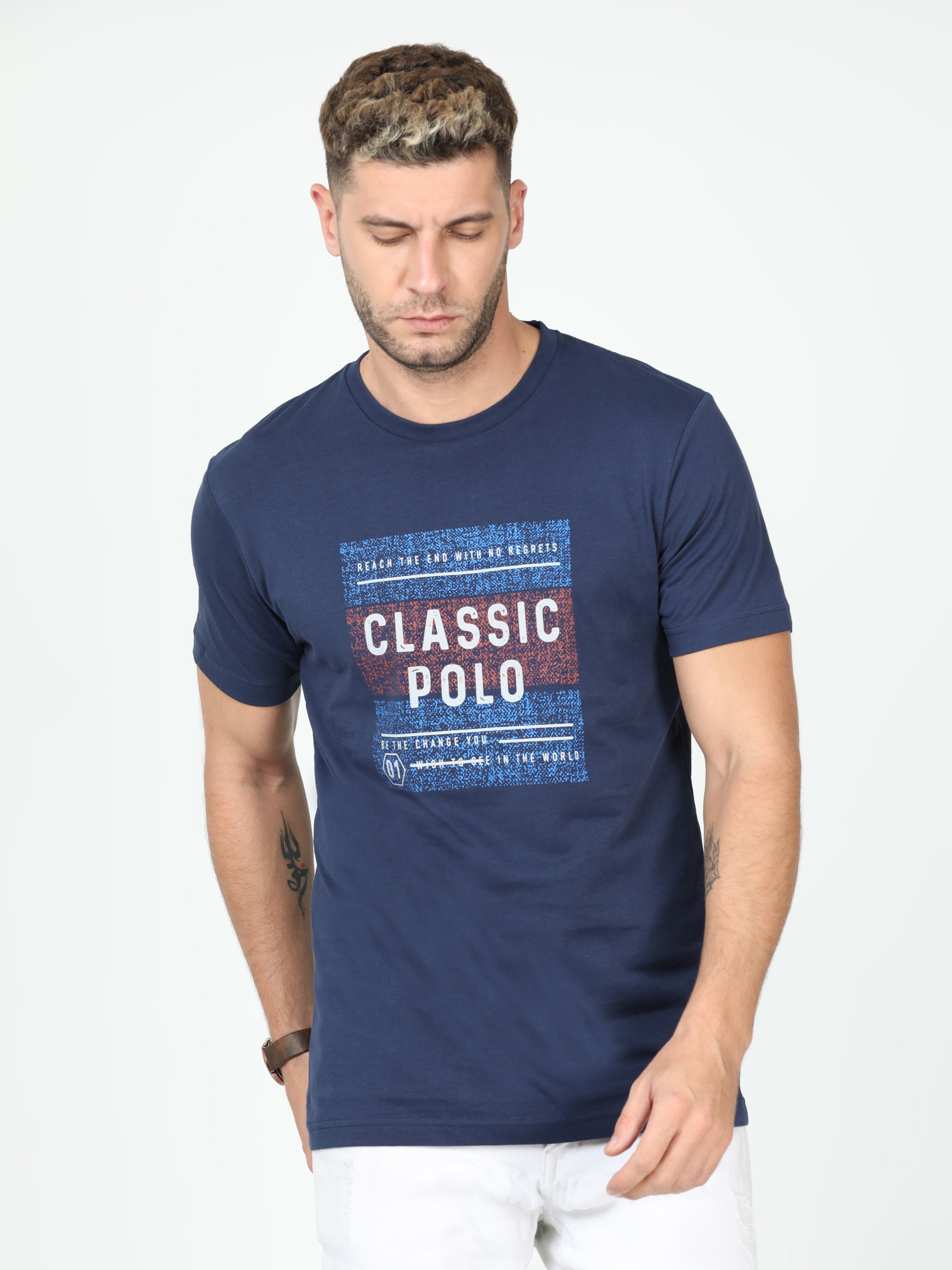 Classic Polo Mens Cotton Half Sleeve Printed Slim Fit Crew Neck Multi Color T Shirt | Toy-Trio-906 SF