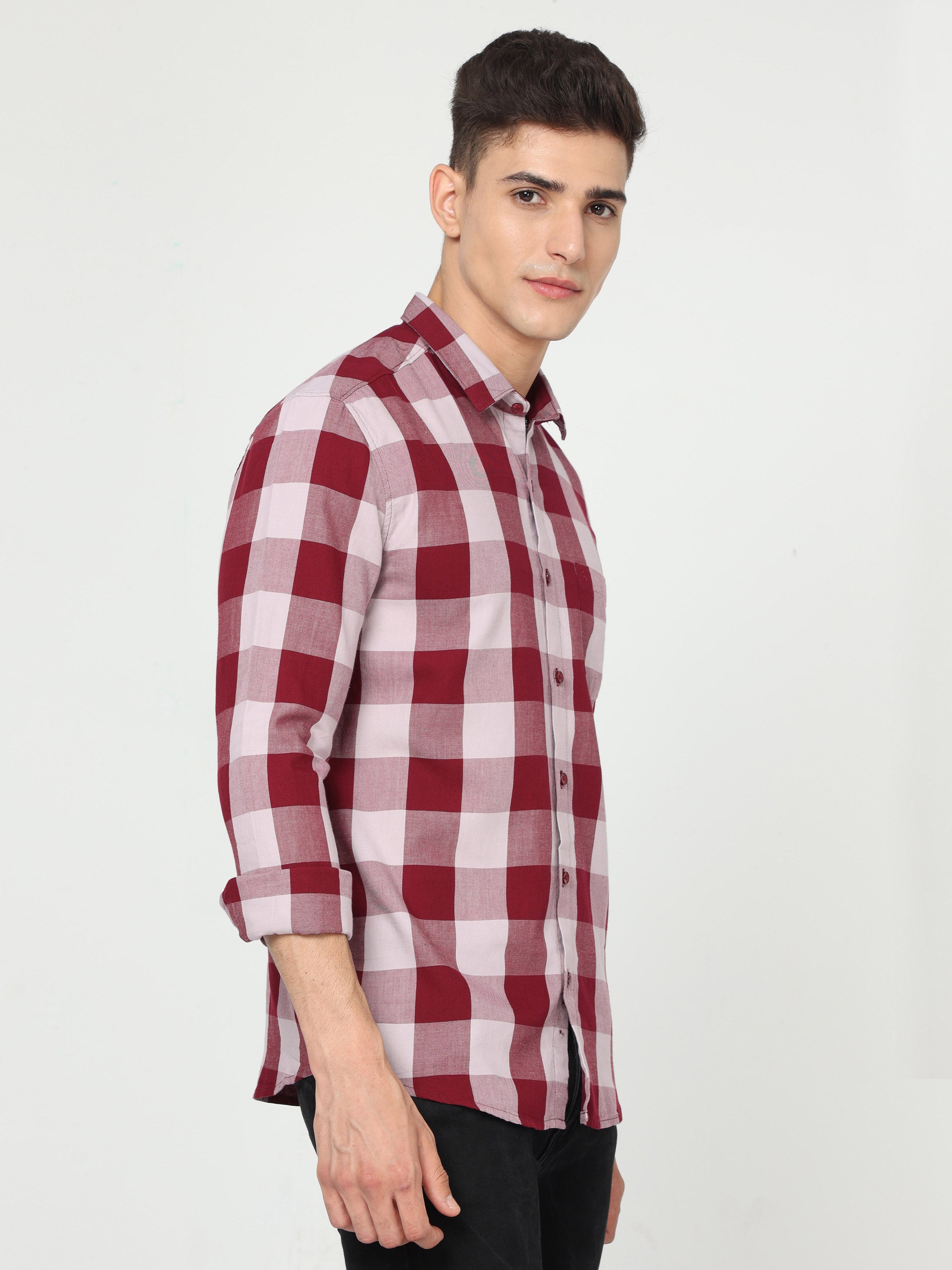 Classic Polo Mens Cotton Full Sleeve Checked Slim Fit Polo Neck Maroon Color Woven Shirt | SO1-156 A-FS-CHK