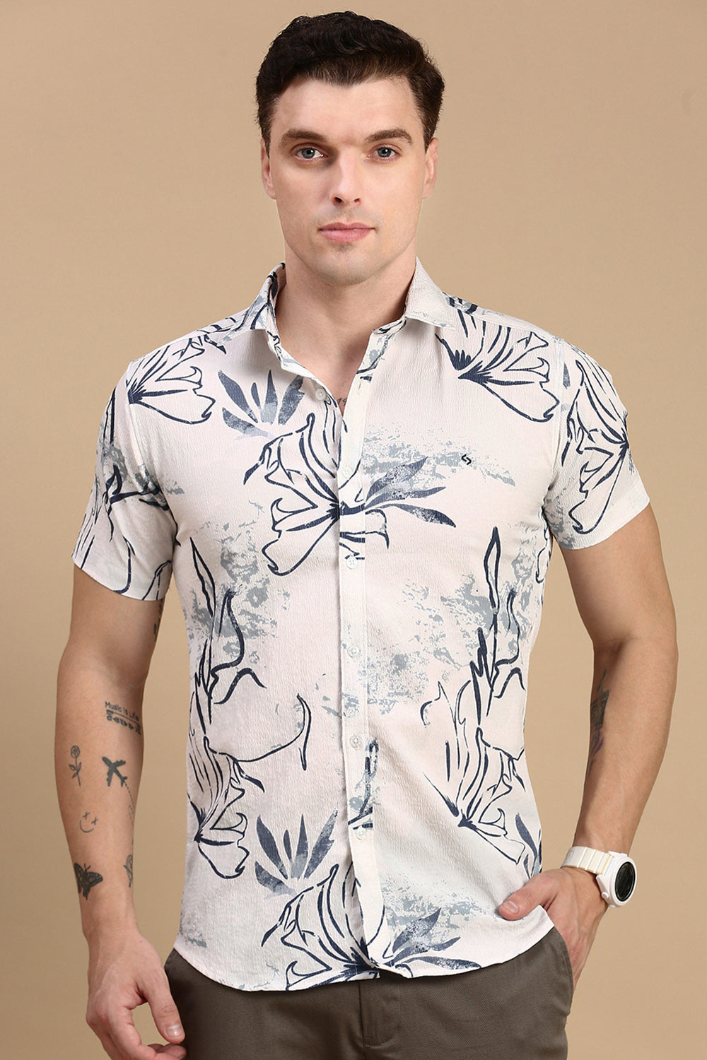 Classic Polo Men's Half Sleeve White/Navy Polo Neck Slim Fit All Over Print Shirt | SP2-GN-07 A-HS-PRT-BSL