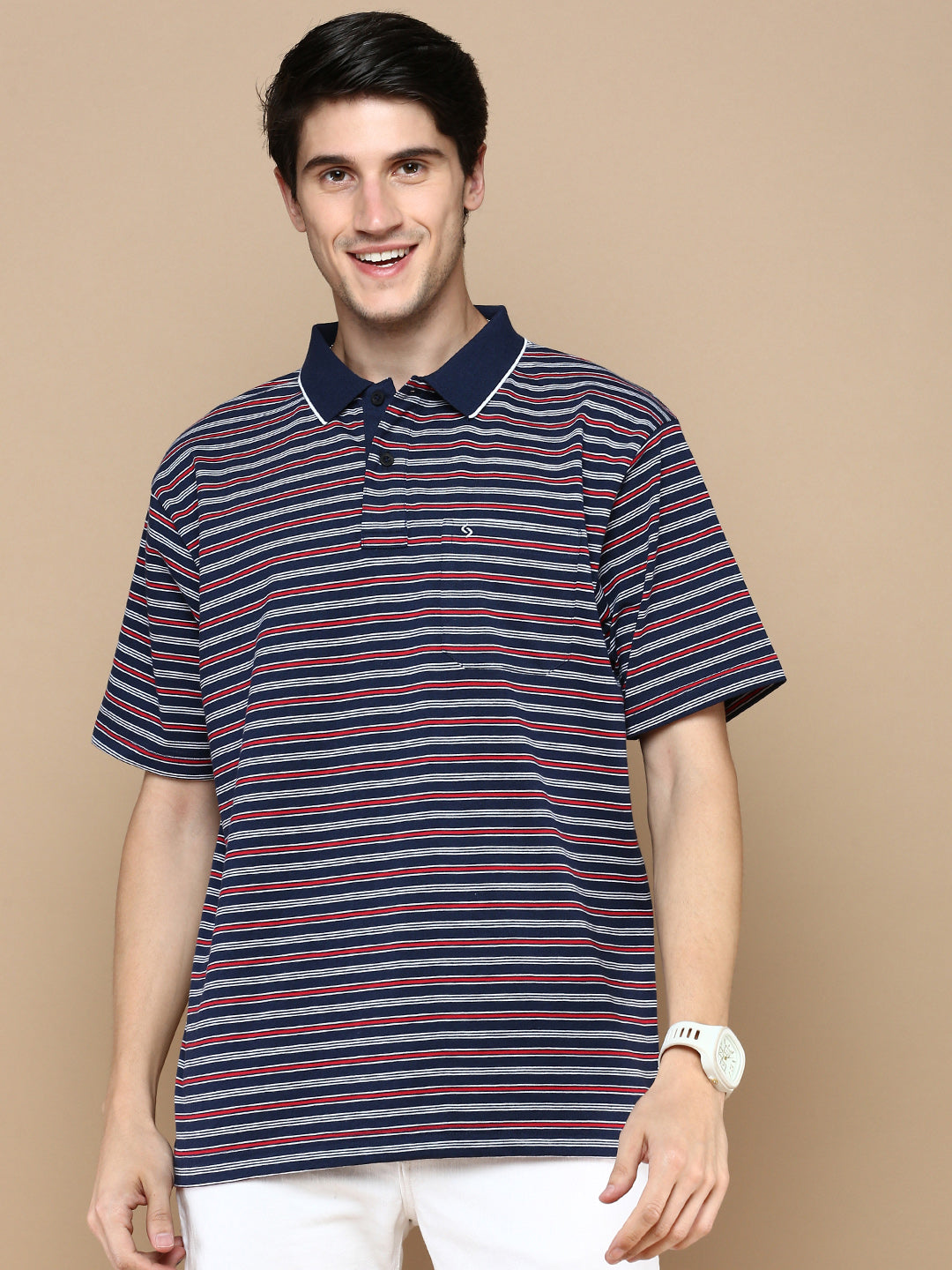 Classic Polo Men's Half Sleeve Navy Blue/Red Polo Neck Authentic Fit Striped T-Shirt | FEEDERS - 263 B AF P