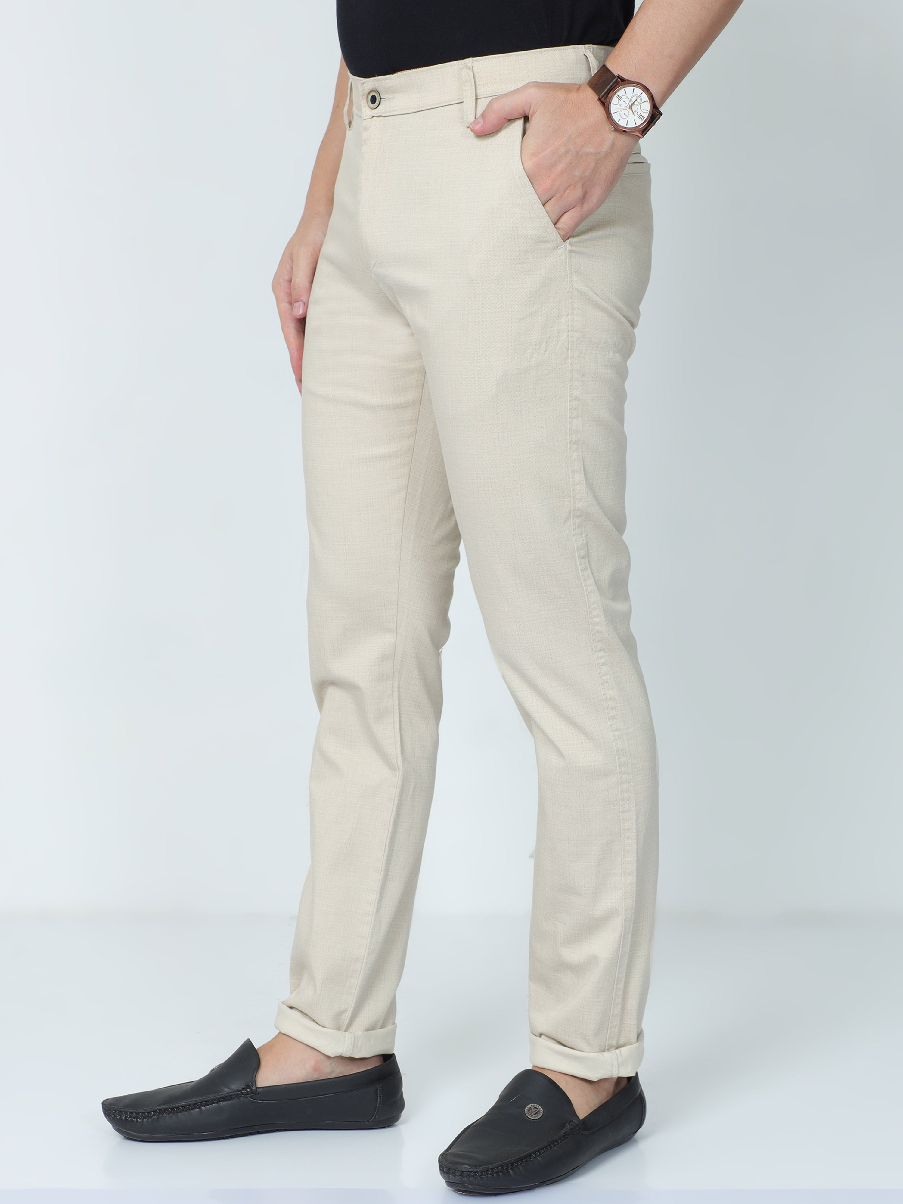 CP BRO Mens Moderate Fit Solid Cream Color Trousers | To2-09 A-Crm-Mf-Ly
