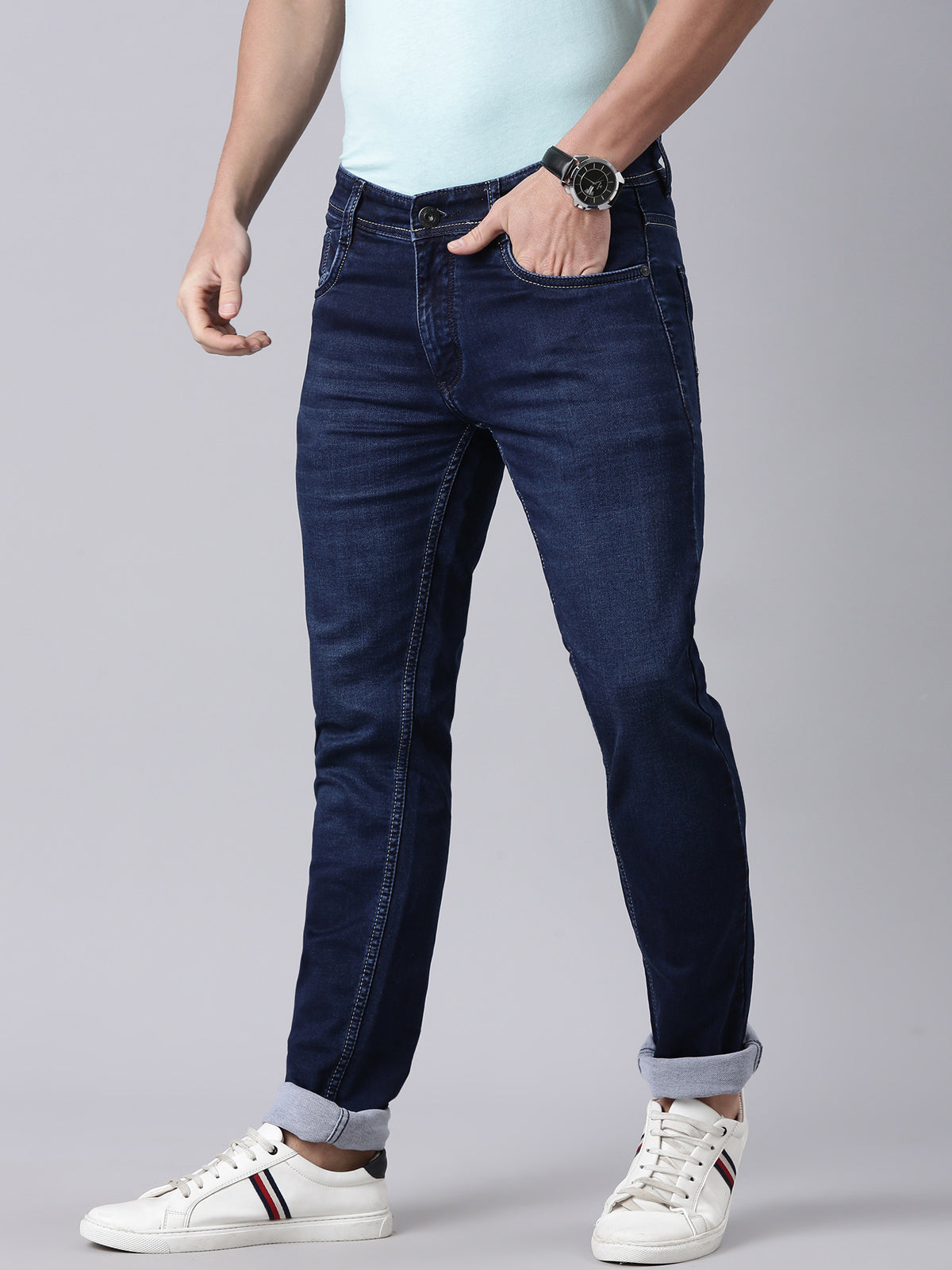 Classic Polo Men's Dark Blue Slim Fit Solid Cotton Denim | CPDQ2-40-BLU-SF