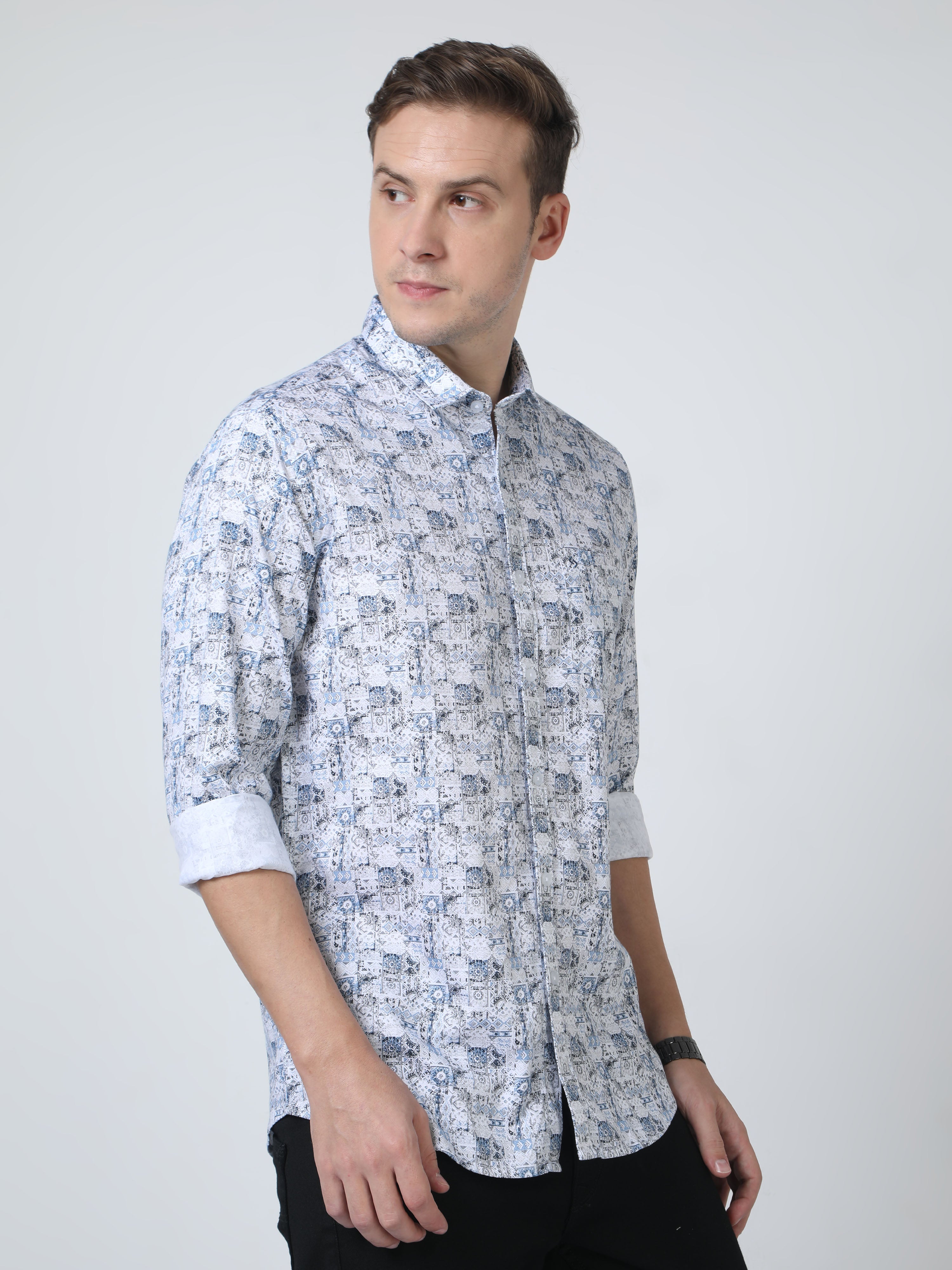 Classic Polo Mens Pure Cotton Full Sleeves Floral Slim Fit Polo Neck Blue Color Woven Shirt | So2-172 B-Fs-Prt-Sf