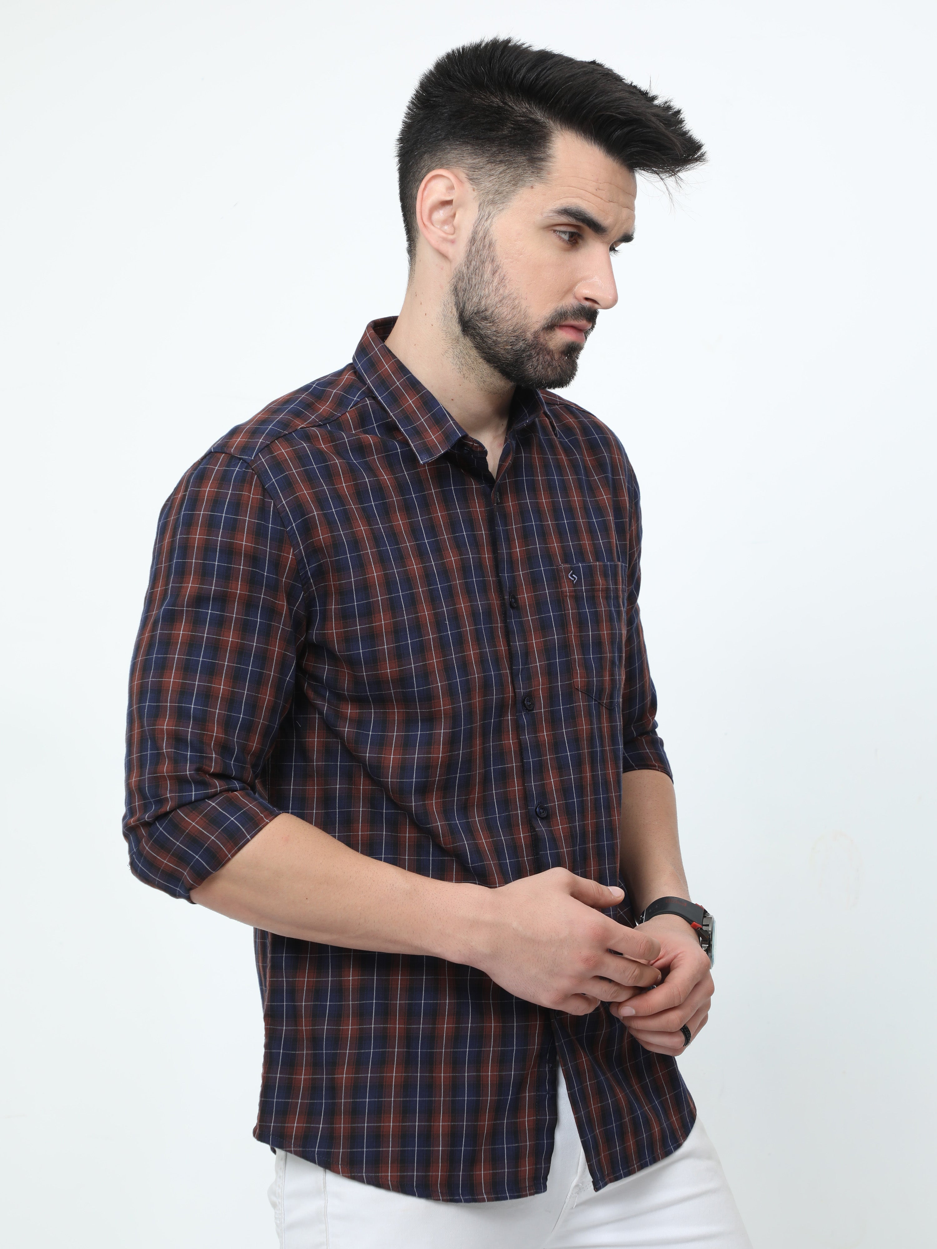 Classic Polo Mens Pure Cotton Full Sleeves Checked Slim Fit Polo Neck Brown Color Woven Shirt | So2-177 A-Fs-Chk-Sf