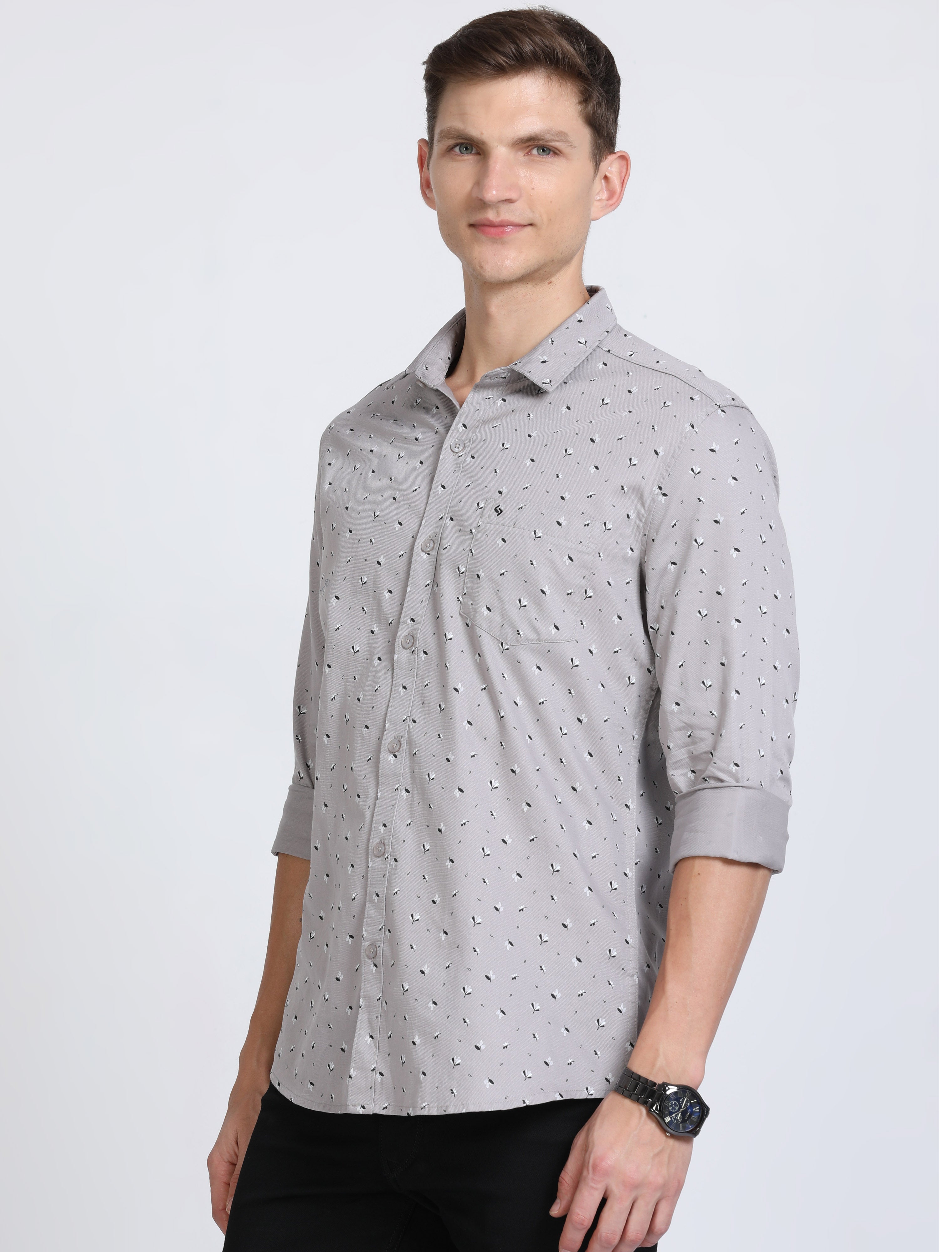 Classic Polo Mens Pure Cotton Full Sleeves Printed Slim Fit Polo Neck Grey Color Woven Shirt | So2-165 A-Fs-Prt-Sf
