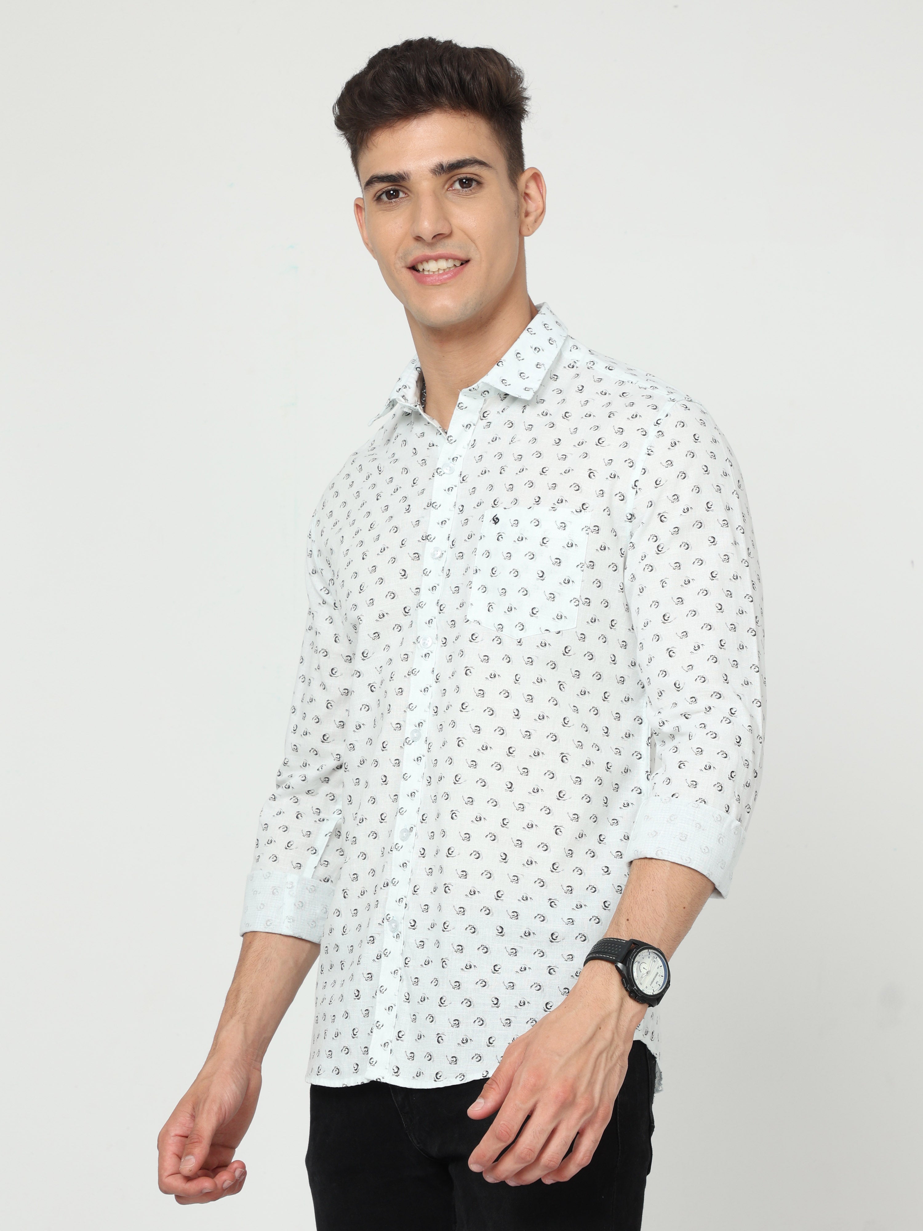 Classic Polo Mens Cotton Full Sleeve Printed Slim Fit Polo Neck Aqua Color Woven Shirt | SO1-14 A-FS-PRT