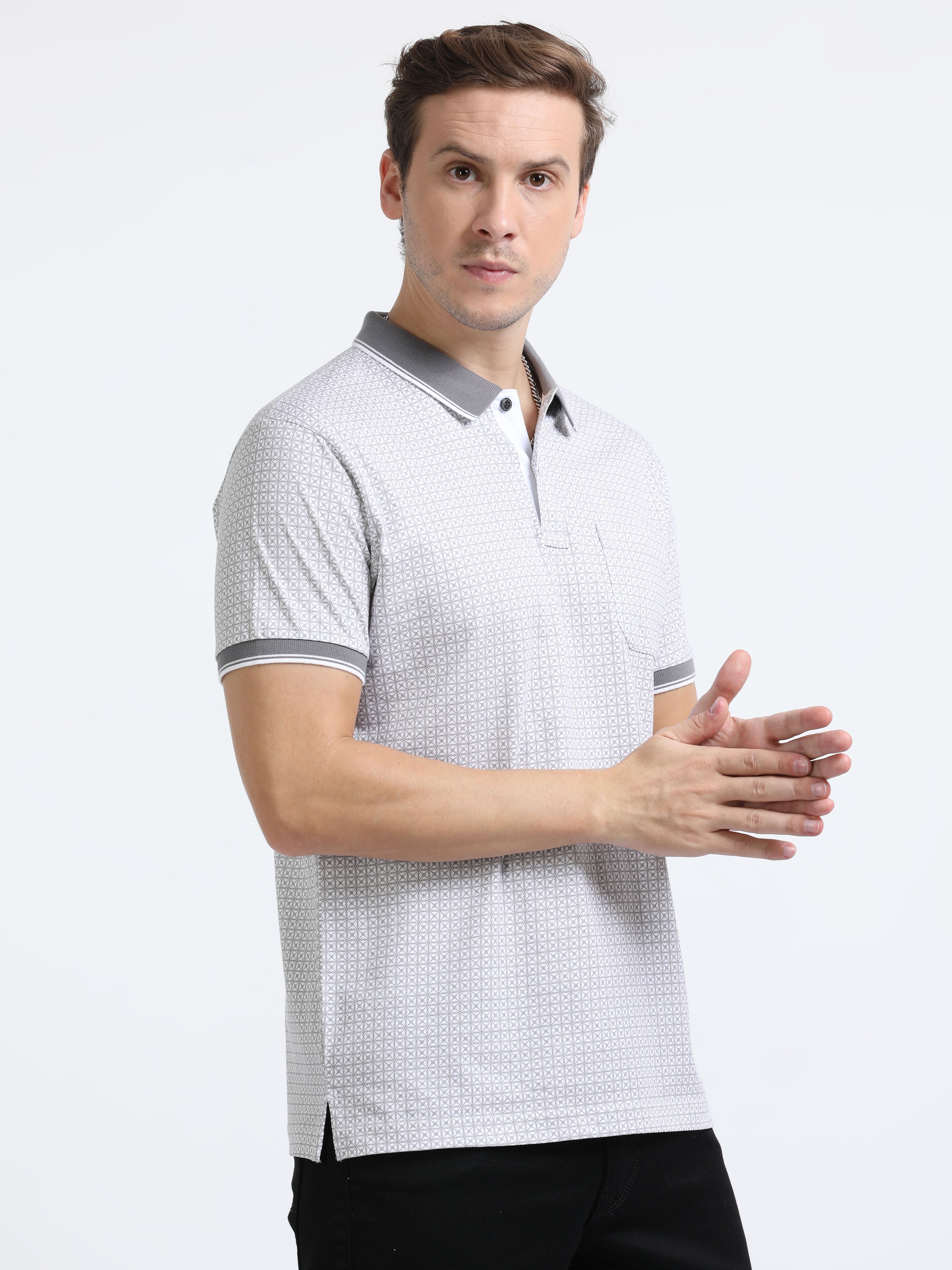 Classic Polo Mens Pure Cotton Half Sleeves Printed Slim Fit Polo Neck Grey Color T-Shirt | Bello - 217 B Sf P