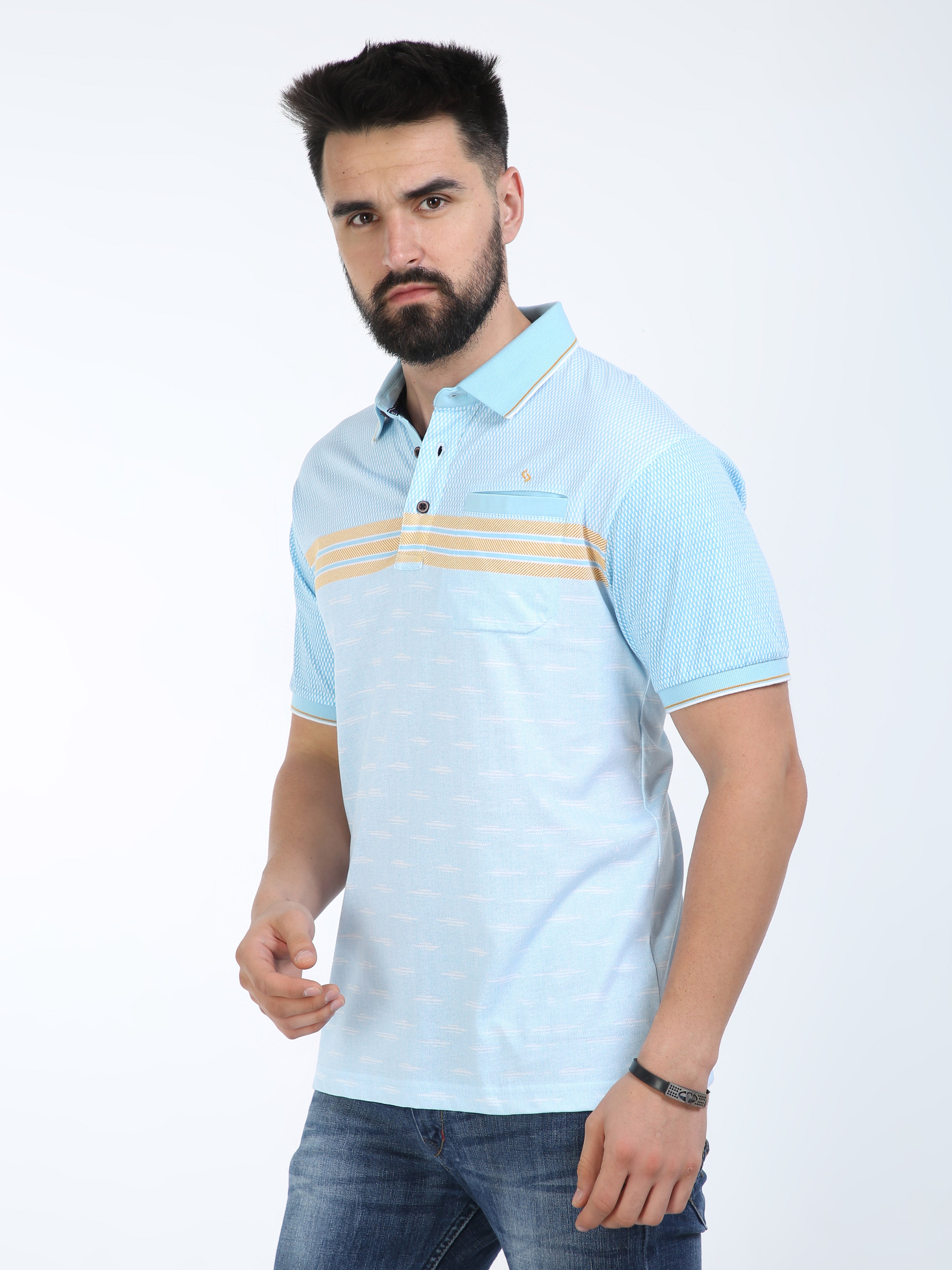 Classic Polo Mens Pure Cotton Half Sleeves Striped Authentic Fit Polo Neck Aqua Blue Color T-Shirt | Carve Polo - 16 A Af P