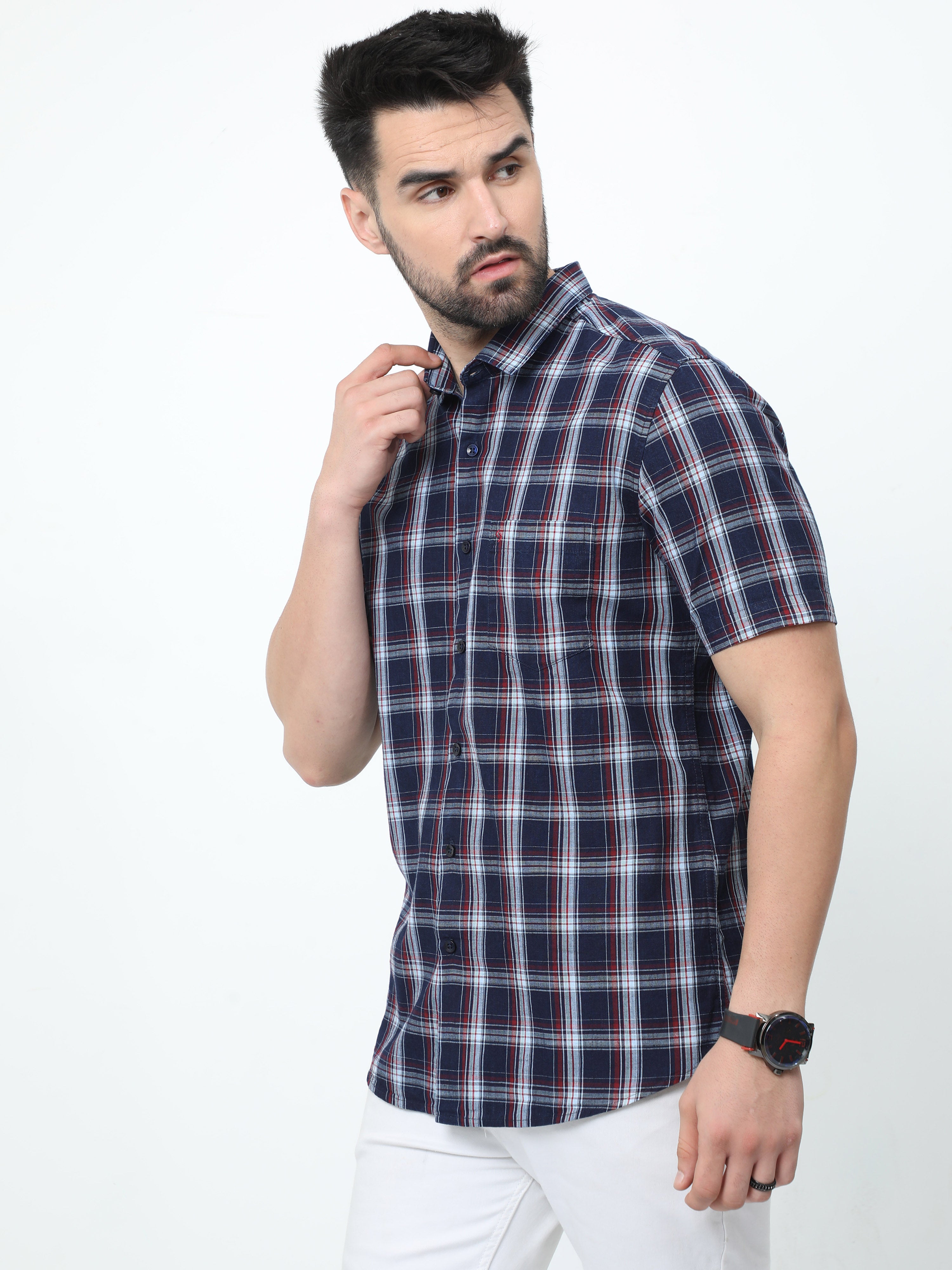 Classic Polo Mens Pure Cotton Half Sleeves Checked Slim Fit Polo Neck Multi Color Woven Shirt | So2-175 B-Hs-Chk-Sf