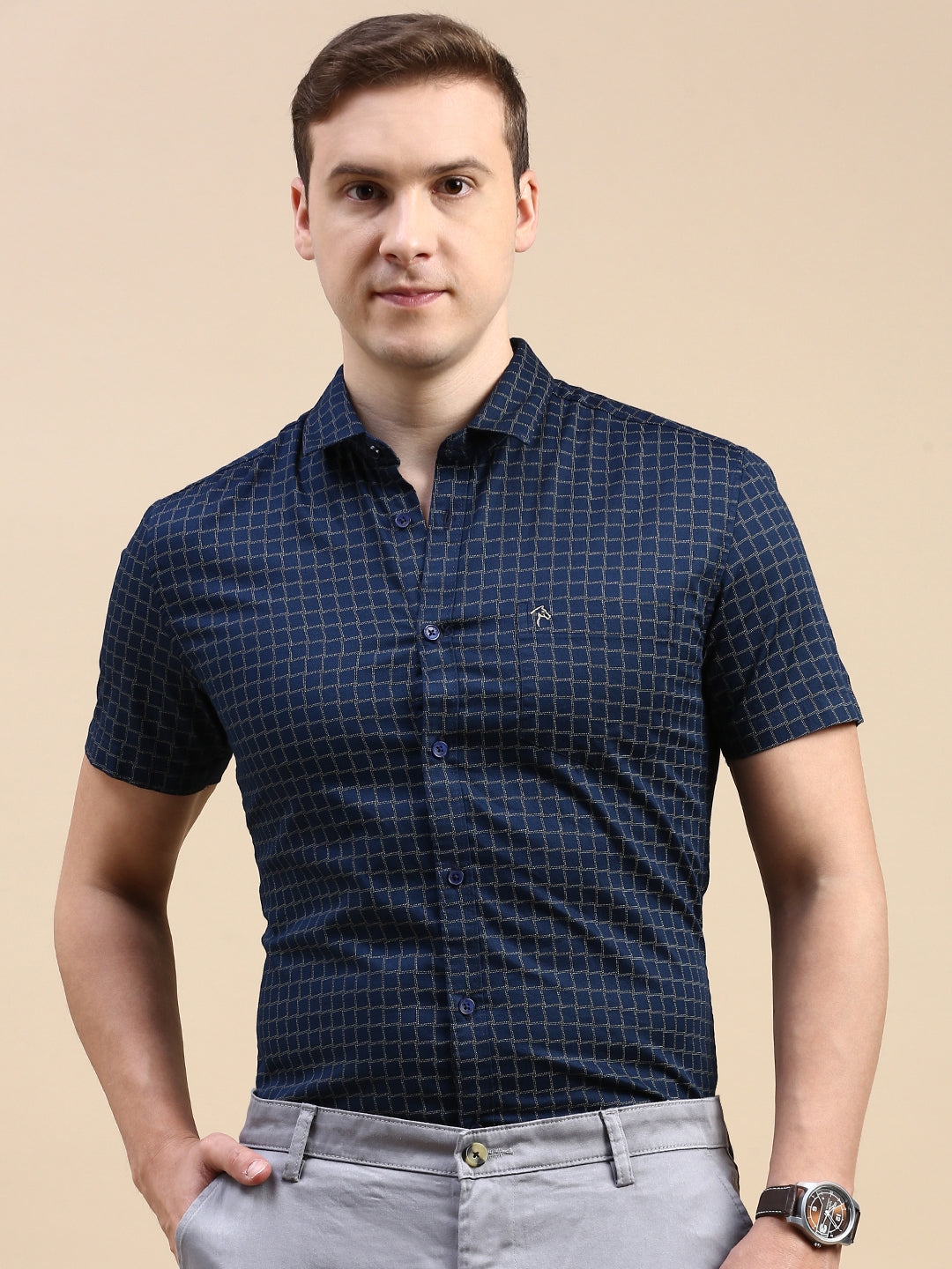 CP BRO Men's Polo Neck Cotton Navy Blue Slim Fit Printed Shirt | SBP1-26A-HS-PRT-BSL