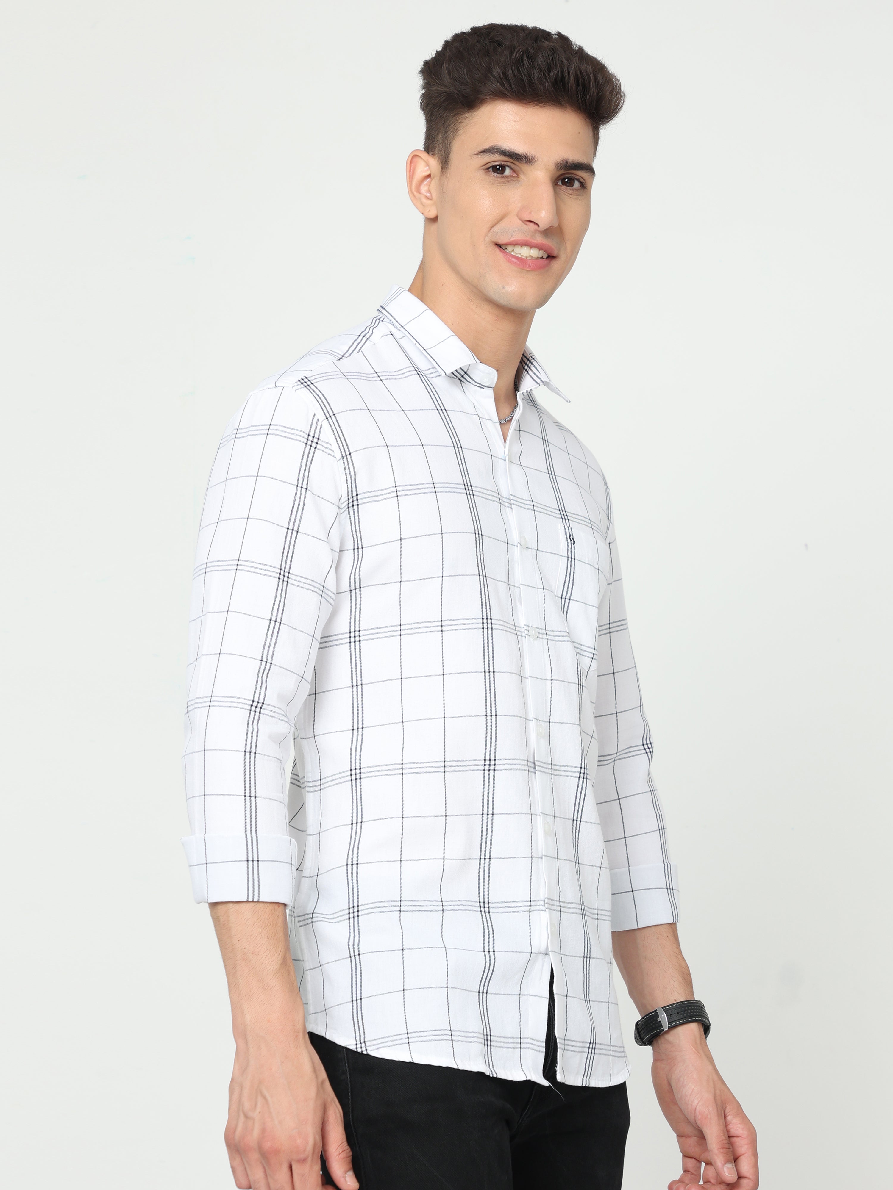 Classic Polo Men's Cotton Full Sleeve Checked Slim Fit Polo Neck White Color Woven Shirt | So1-92 A