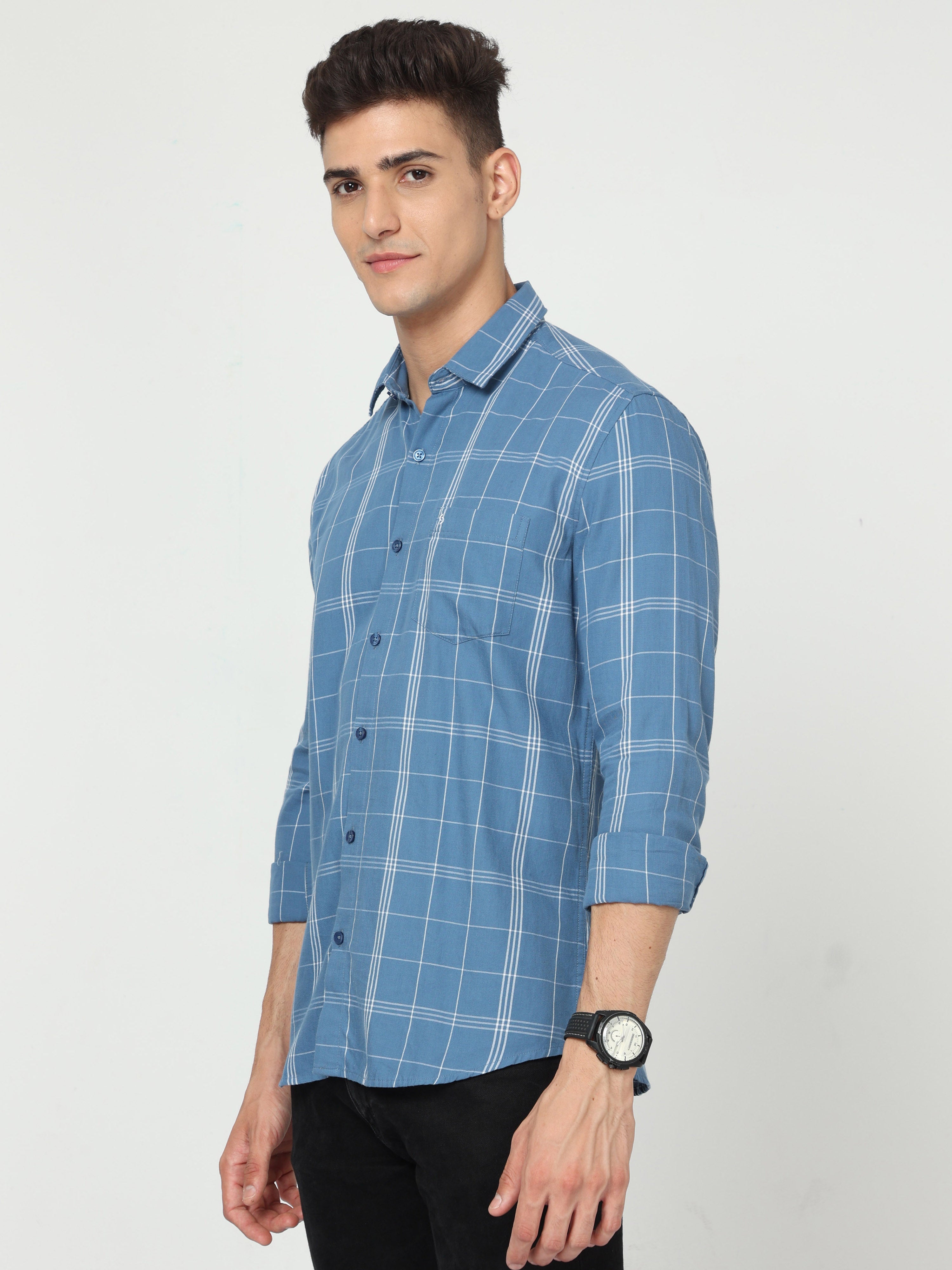 Classic Polo Mens Cotton Full Sleeve Checked Slim Fit Polo Neck Blue Color Woven Shirt | SO1-92 B-FS-CHK