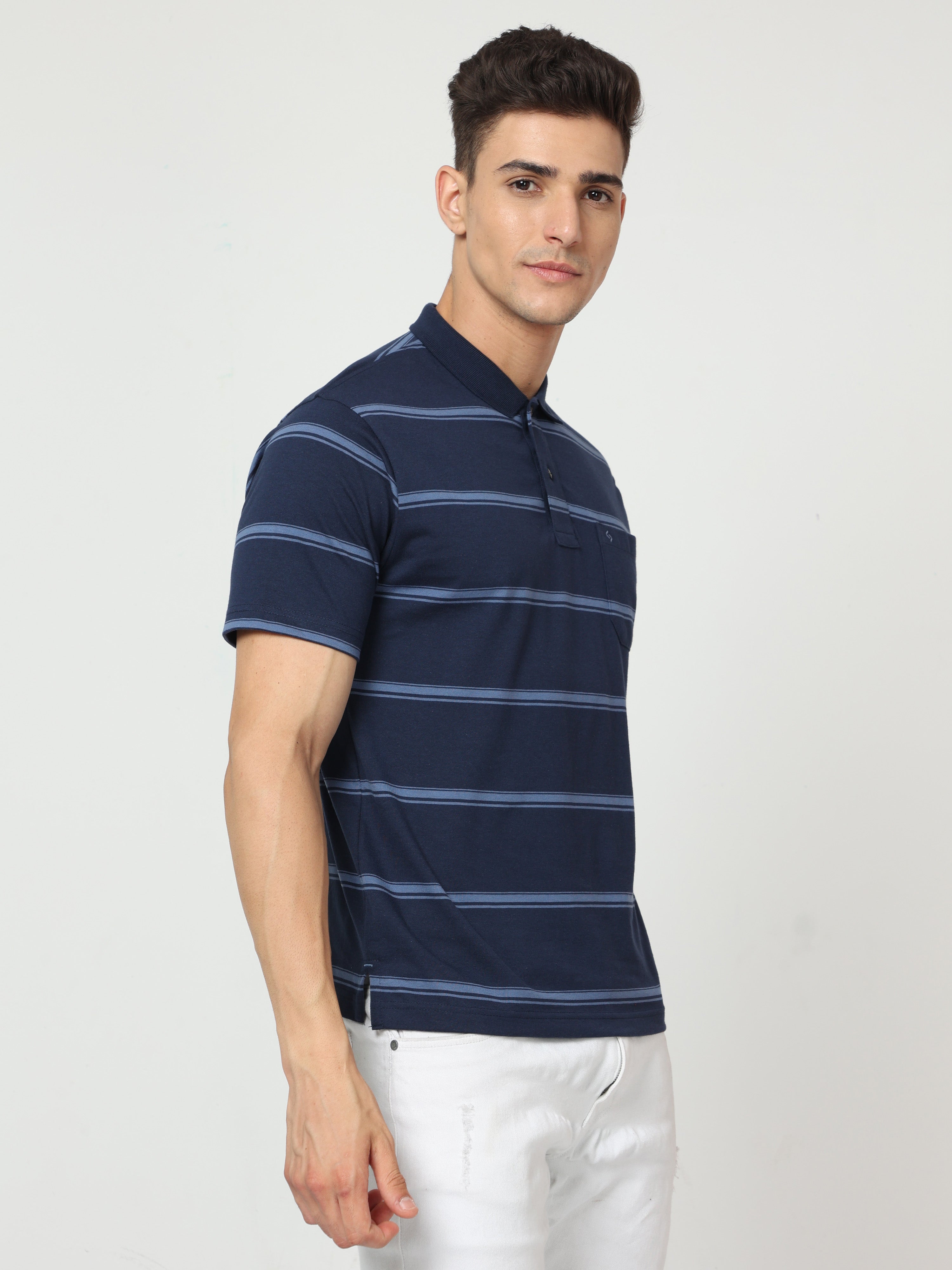 Classic Polo Mens Pure Cotton Half Sleeve Striped Regular Fit Polo Neck Navy Color T Shirt | F-Avon - 109 B