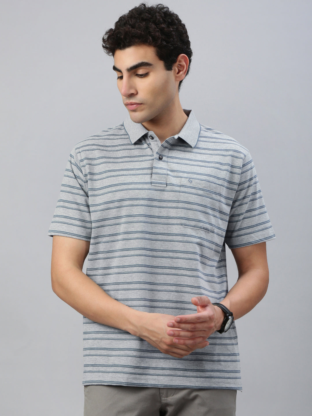 Classic Polo Men's Half Sleeve Grey/Blue Polo Neck Authentic Fit Striped T-Shirt||FEEDERS - 275 B AF P