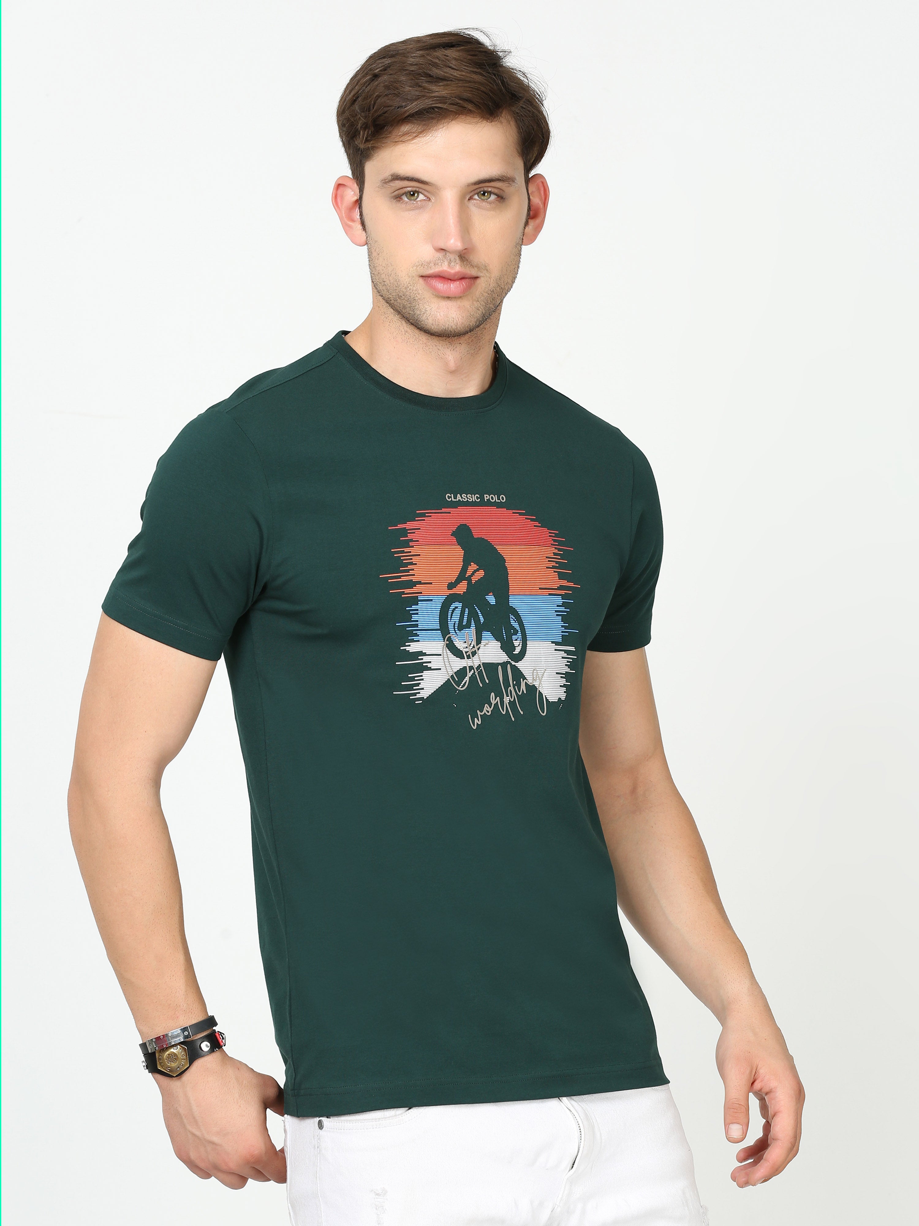 Classic Polo Mens Cotton Half Sleeves Printed Slim Fit Crew Neck Green Color T-Shirt | Baleno - 556 B Sf C