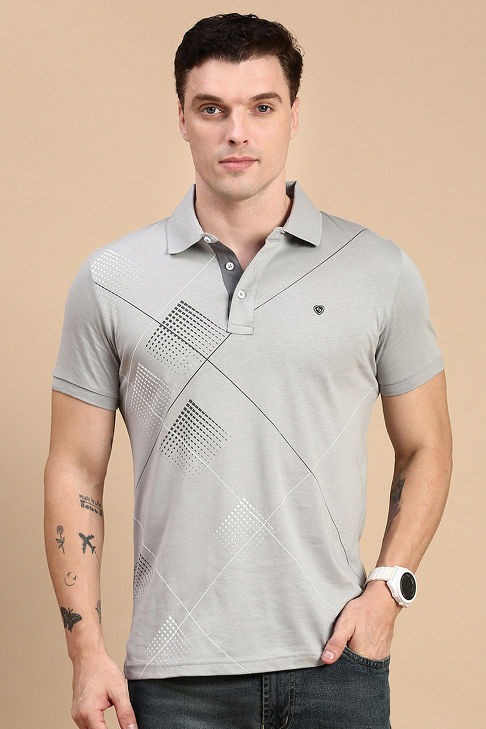 Classic Polo Men's Half Sleeve Grey Polo Neck Slim Fit Printed T-Shirt | FP - 03 B SF P