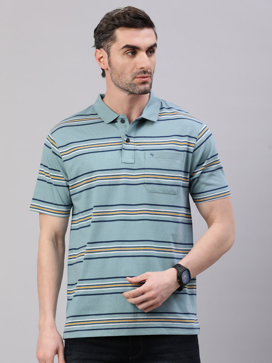 Classic Polo Men's Half Sleeve Multicolor Polo Neck Authentic Fit Striped T-Shirt||AVON - 608 B AF P