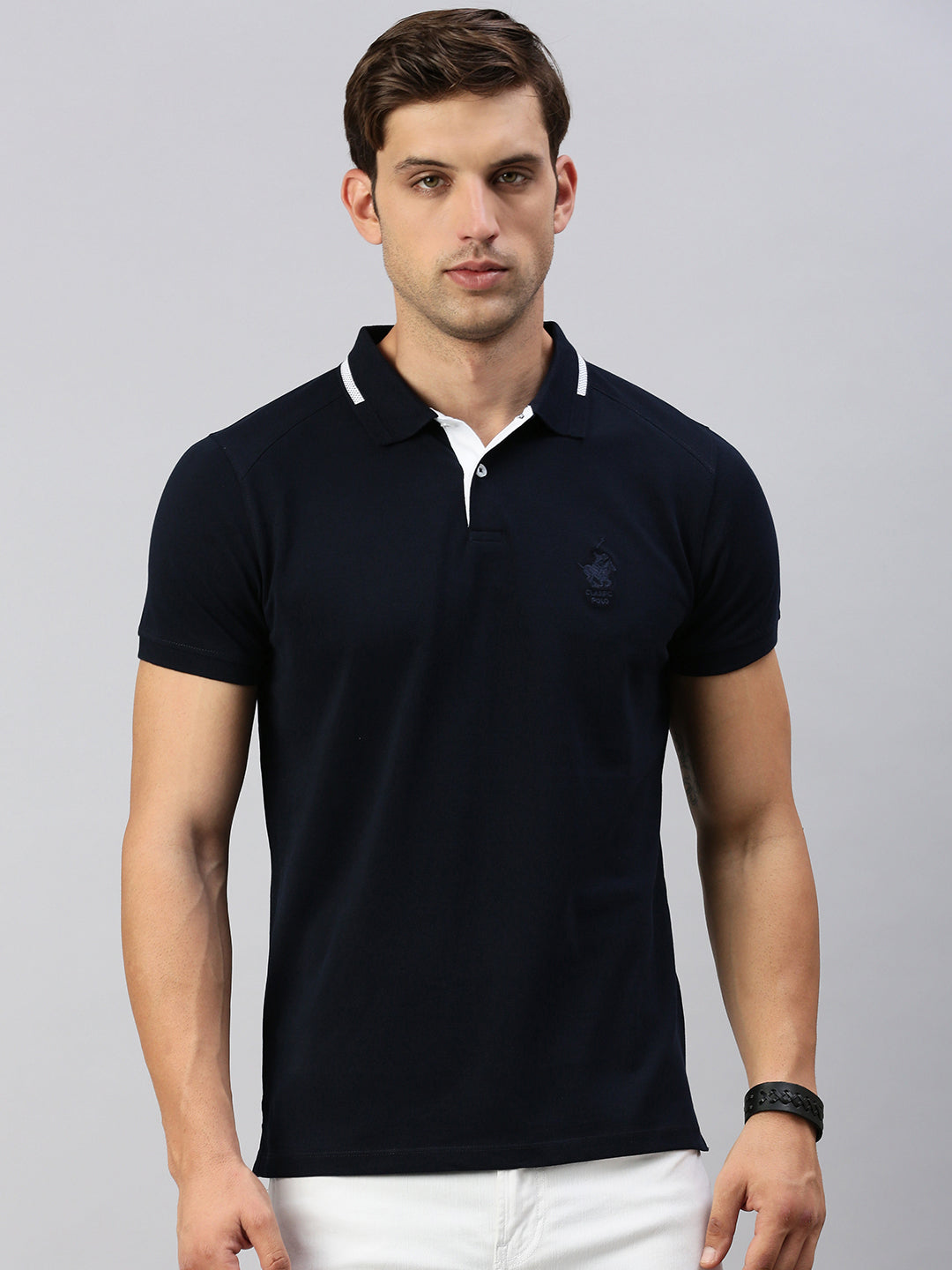 Classic Polo Men's Half Sleeve Navy Blue Polo Neck Slim Fit Solid T-Shirt | GENX-POLO 24 A SF P