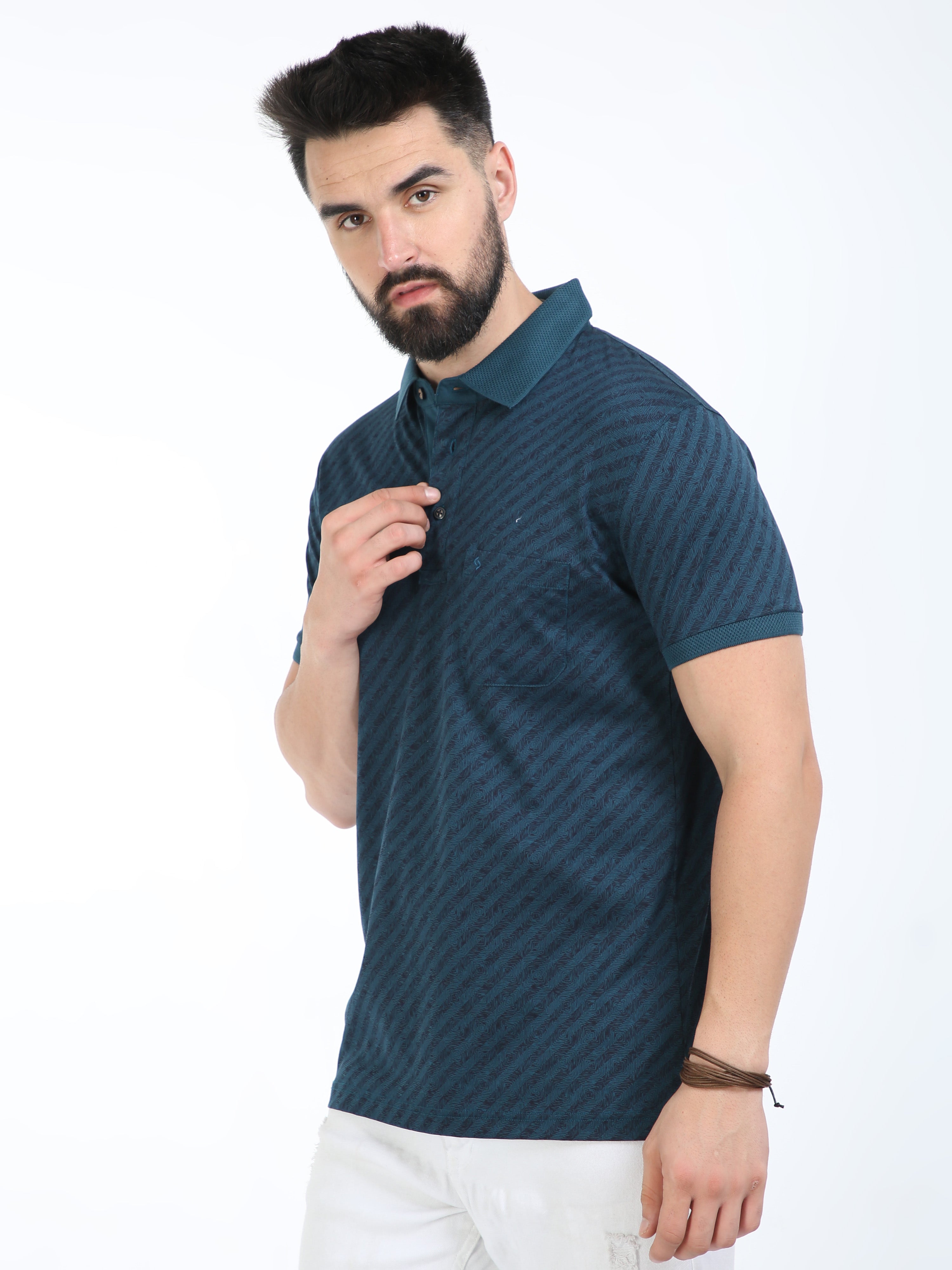 Classic Polo Mens Cotton Half Sleeves Striped Slim Fit Polo Neck Blue Color T-Shirt | Scant - 34 A Sf P