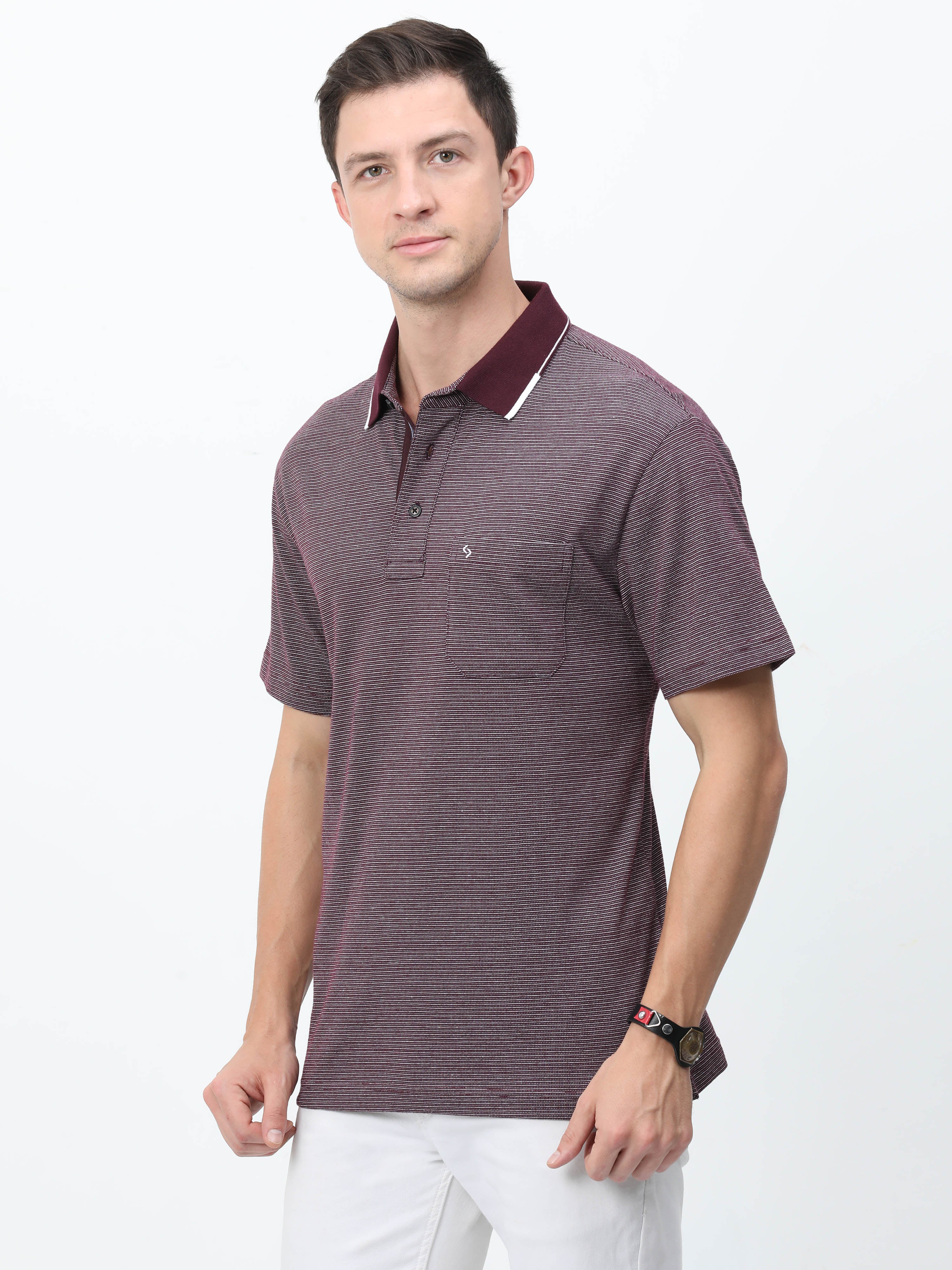 Classic Polo Mens Cotton Half Sleeves Striped Authentic Fit Polo Neck Maroon Color T-Shirt | Rare - 07 A Af P