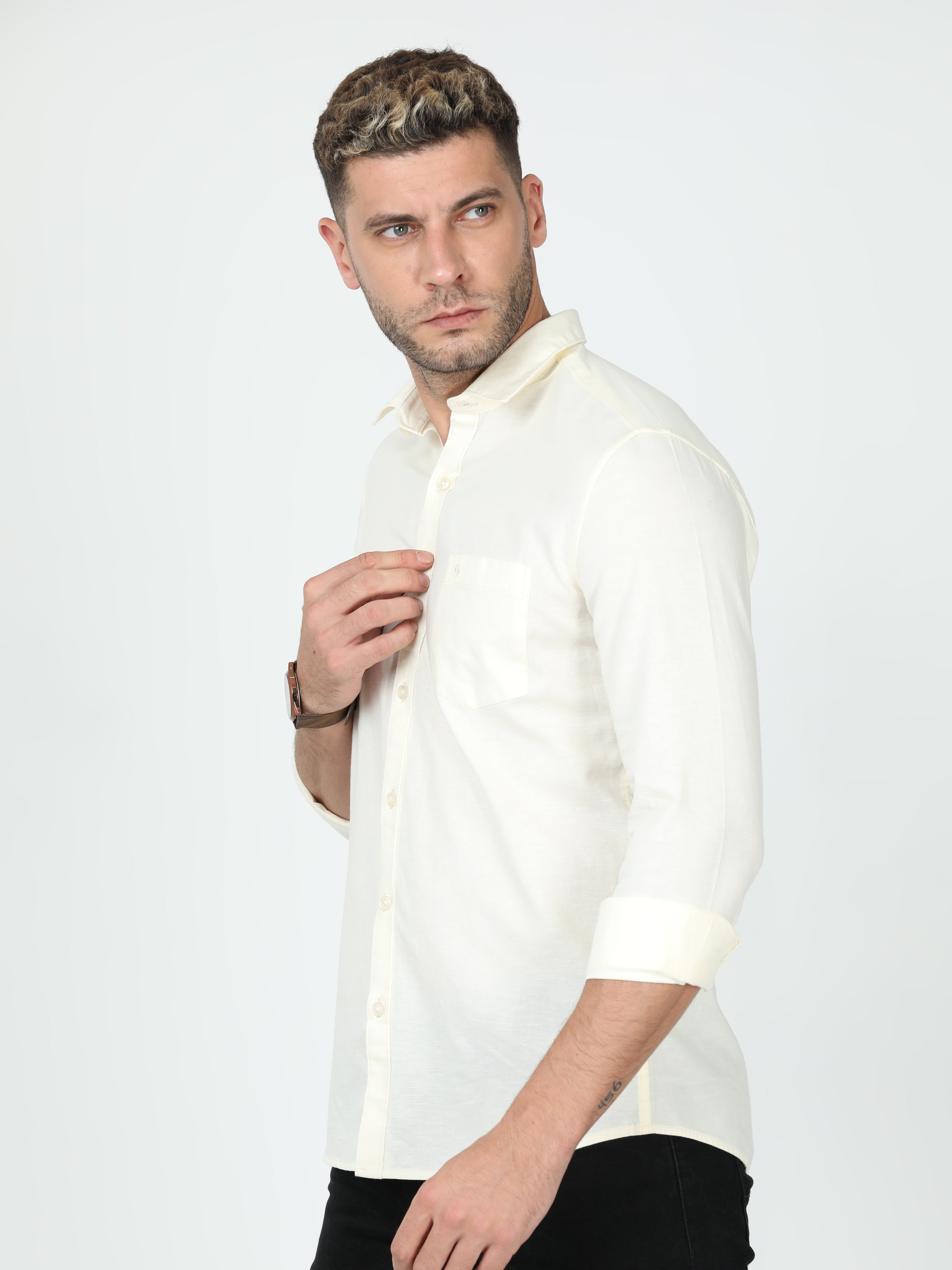 Classic Polo Mens Linen Cotton Full Sleeve Slim Fit Polo Neck Cream Color Woven Shirt | Linen - 12 B-FS-SLD-SF